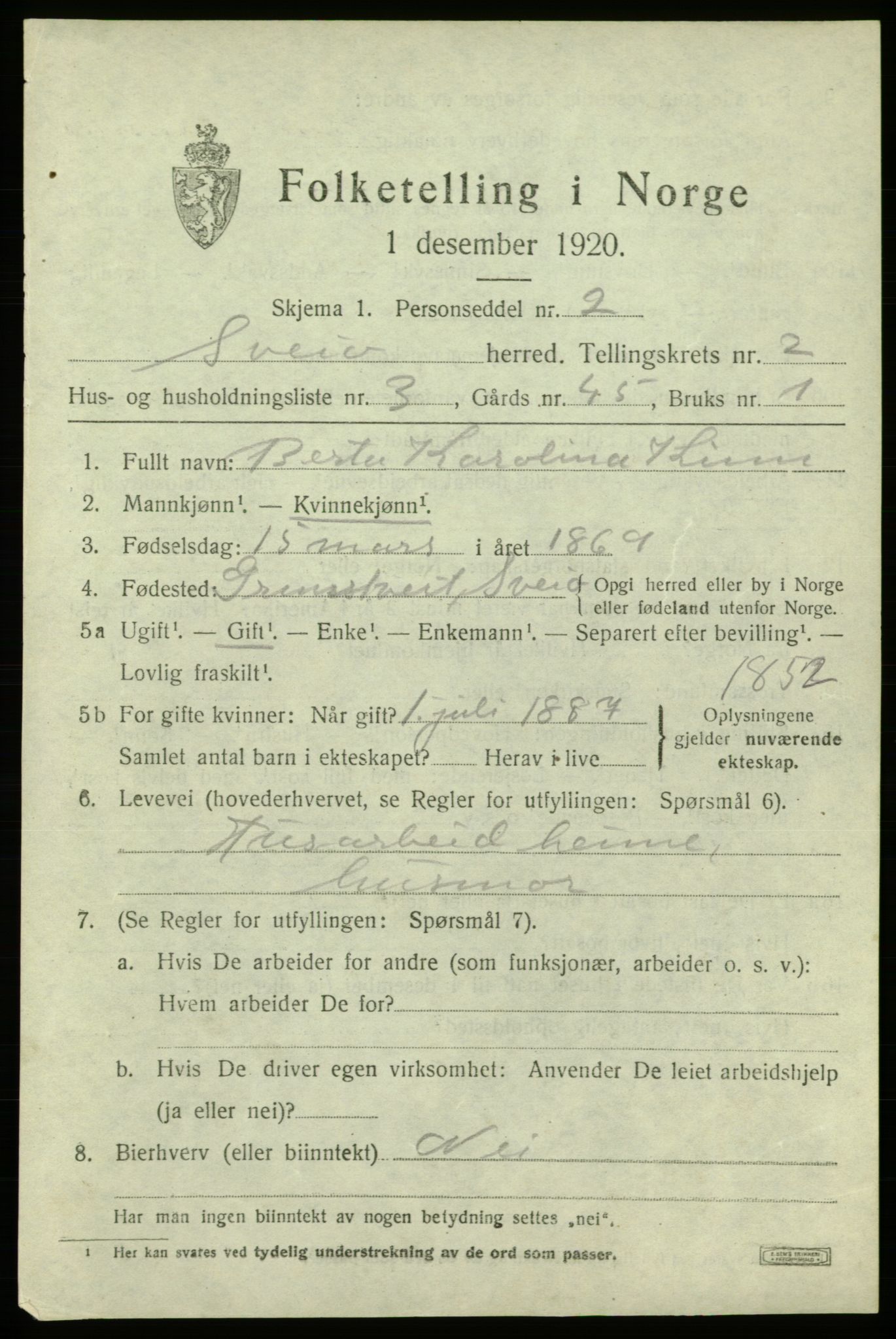 SAB, 1920 census for Sveio, 1920, p. 1336