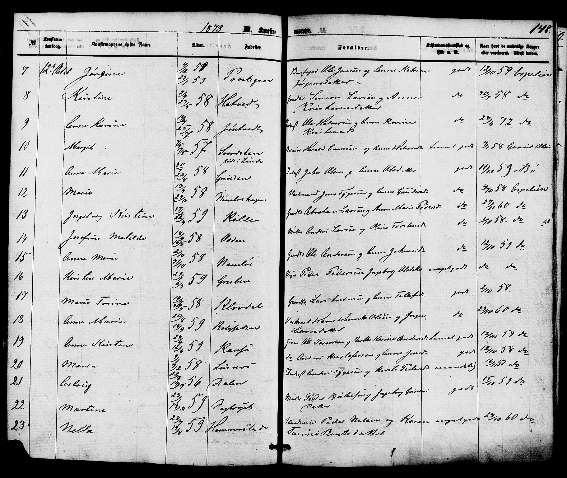 Holla kirkebøker, AV/SAKO-A-272/F/Fa/L0007: Parish register (official) no. 7, 1869-1881, p. 148