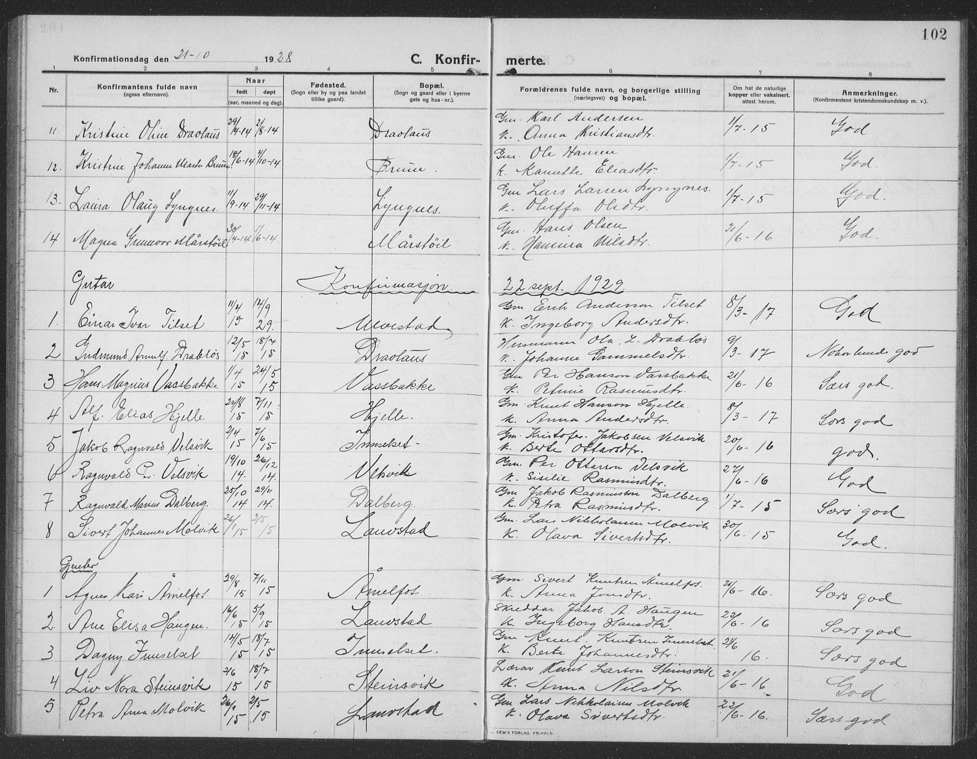 Ministerialprotokoller, klokkerbøker og fødselsregistre - Møre og Romsdal, AV/SAT-A-1454/512/L0169: Parish register (copy) no. 512C01, 1910-1935, p. 102