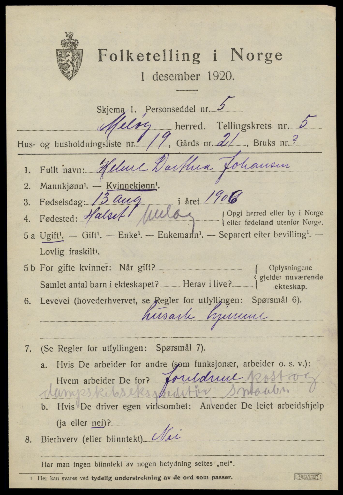 SAT, 1920 census for Meløy, 1920, p. 3385