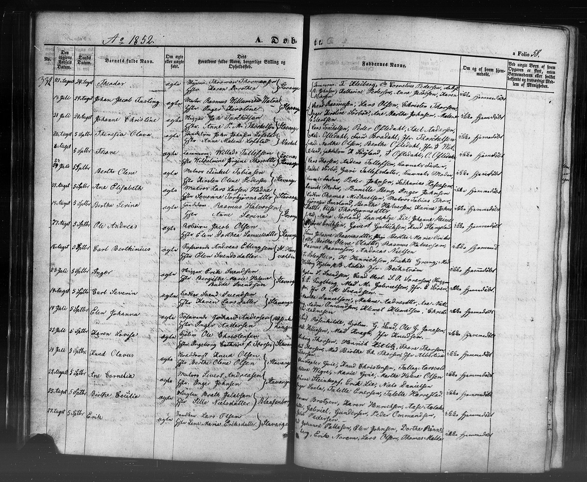 Domkirken sokneprestkontor, AV/SAST-A-101812/001/30/30BB/L0009: Parish register (copy) no. B 9, 1850-1858, p. 58
