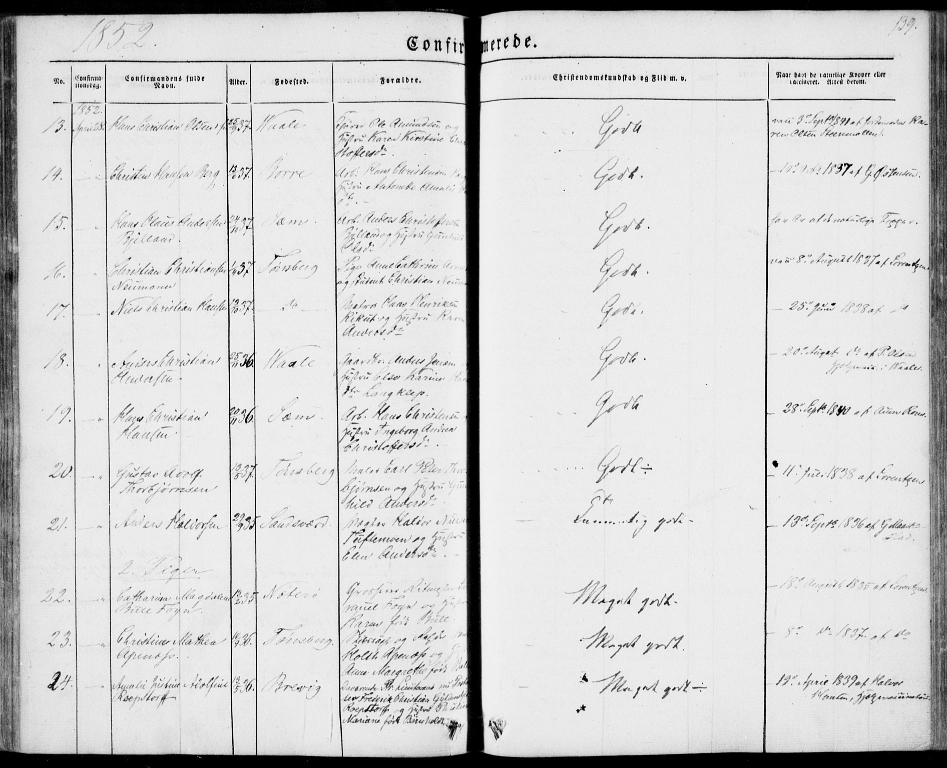 Tønsberg kirkebøker, AV/SAKO-A-330/F/Fa/L0007: Parish register (official) no. I 7, 1845-1854, p. 139