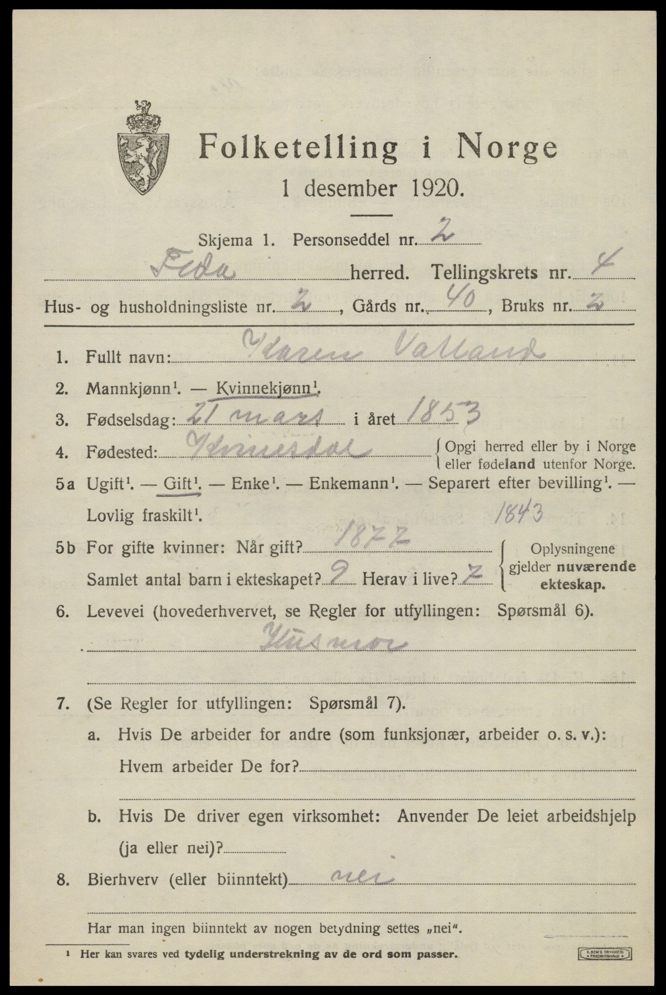 SAK, 1920 census for Feda, 1920, p. 1839