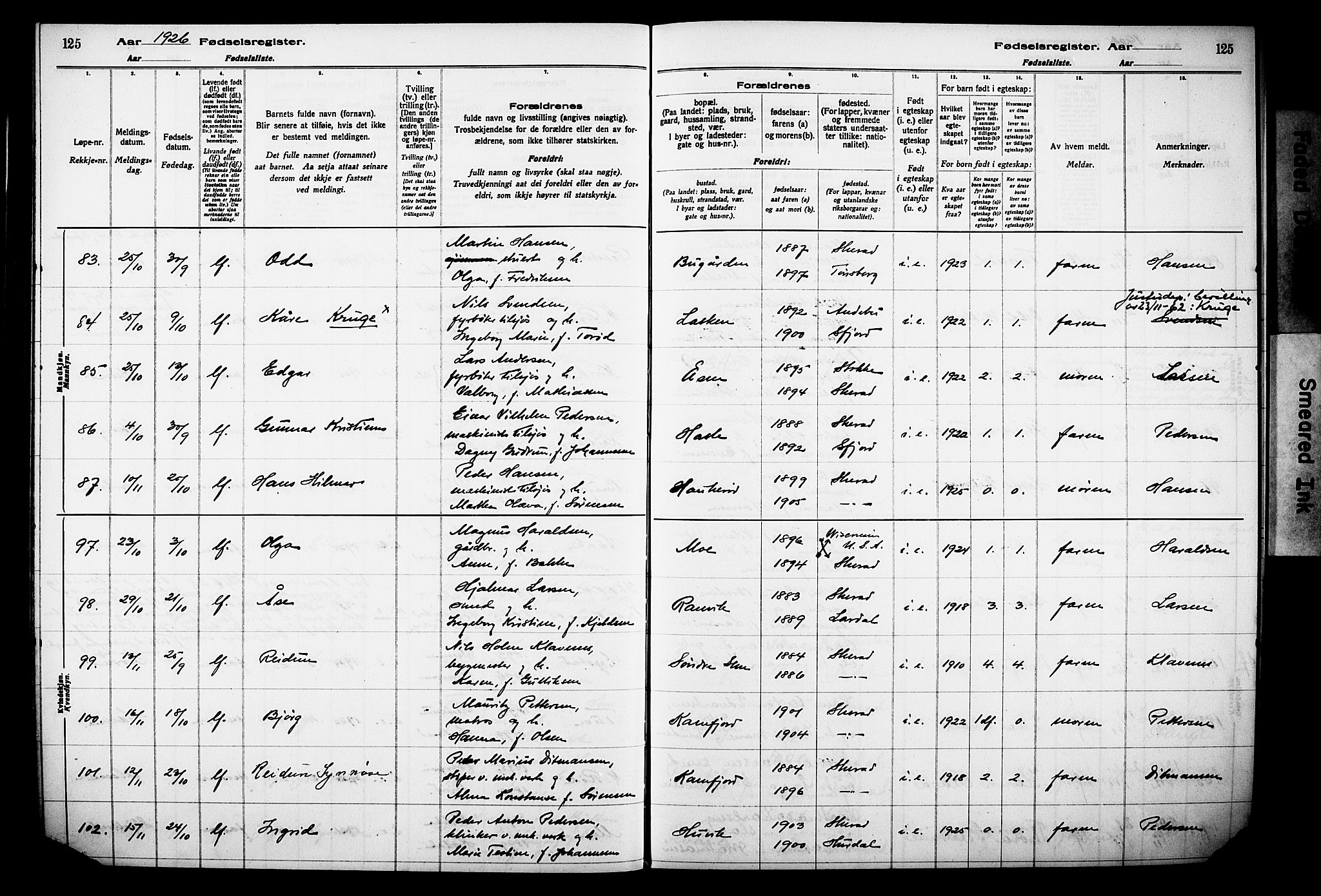 Sandar kirkebøker, AV/SAKO-A-243/J/Ja/L0002: Birth register no. 2, 1922-1929, p. 125