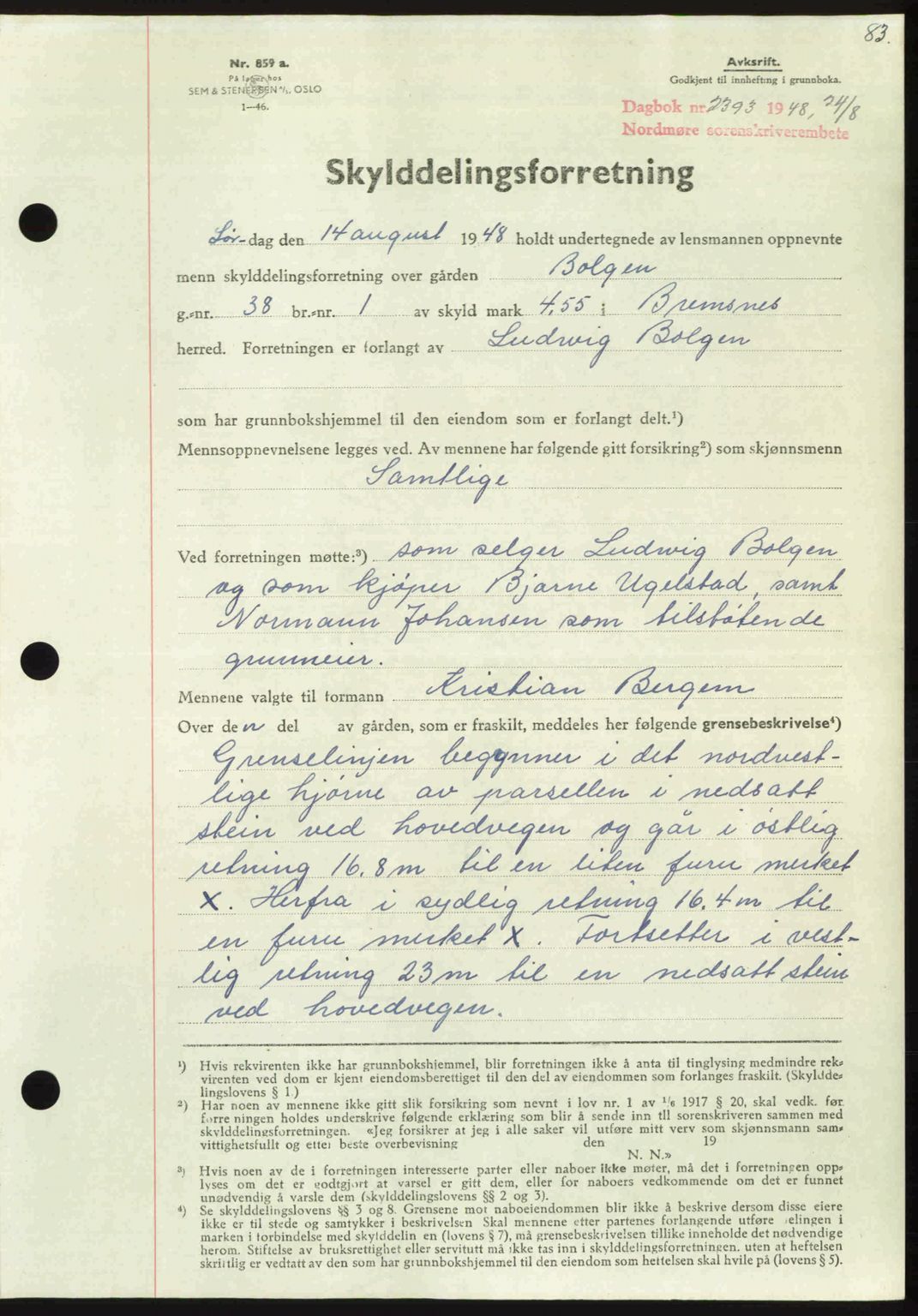 Nordmøre sorenskriveri, AV/SAT-A-4132/1/2/2Ca: Mortgage book no. A109, 1948-1948, Diary no: : 2393/1948