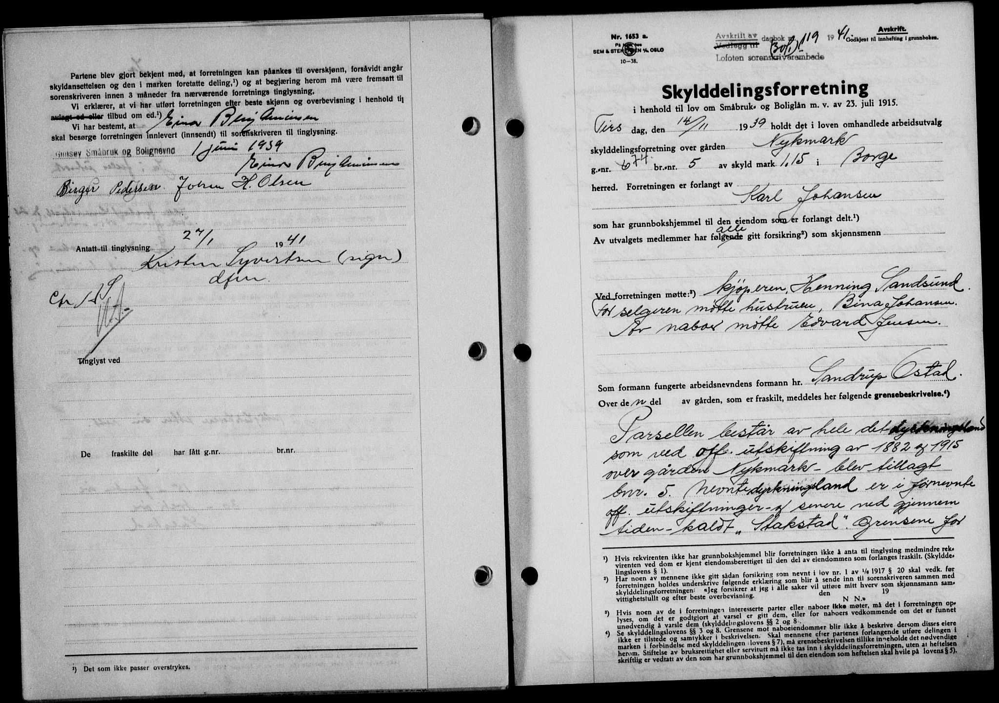 Lofoten sorenskriveri, SAT/A-0017/1/2/2C/L0008a: Mortgage book no. 8a, 1940-1941, Diary no: : 119/1941