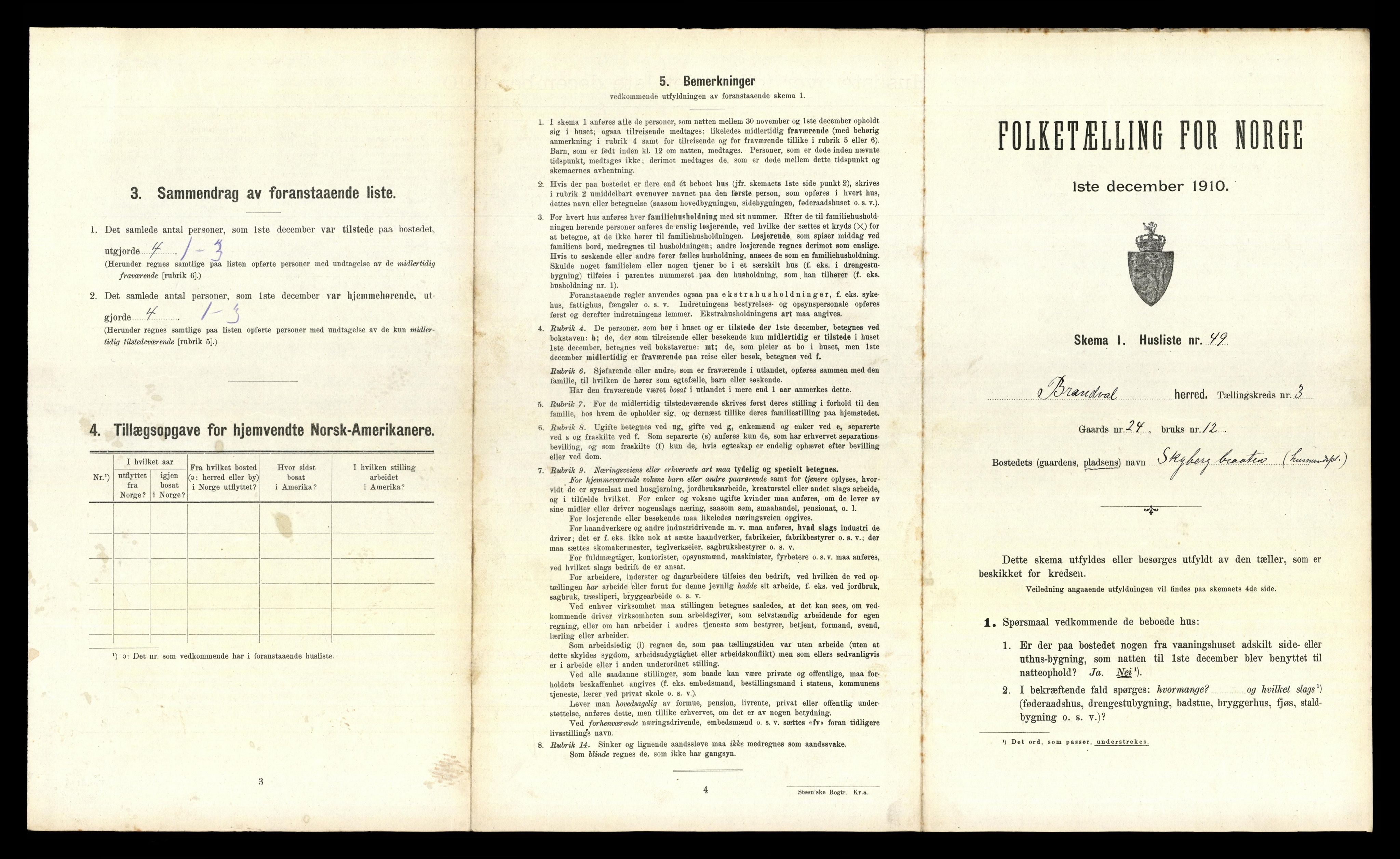 RA, 1910 census for Brandval, 1910, p. 453