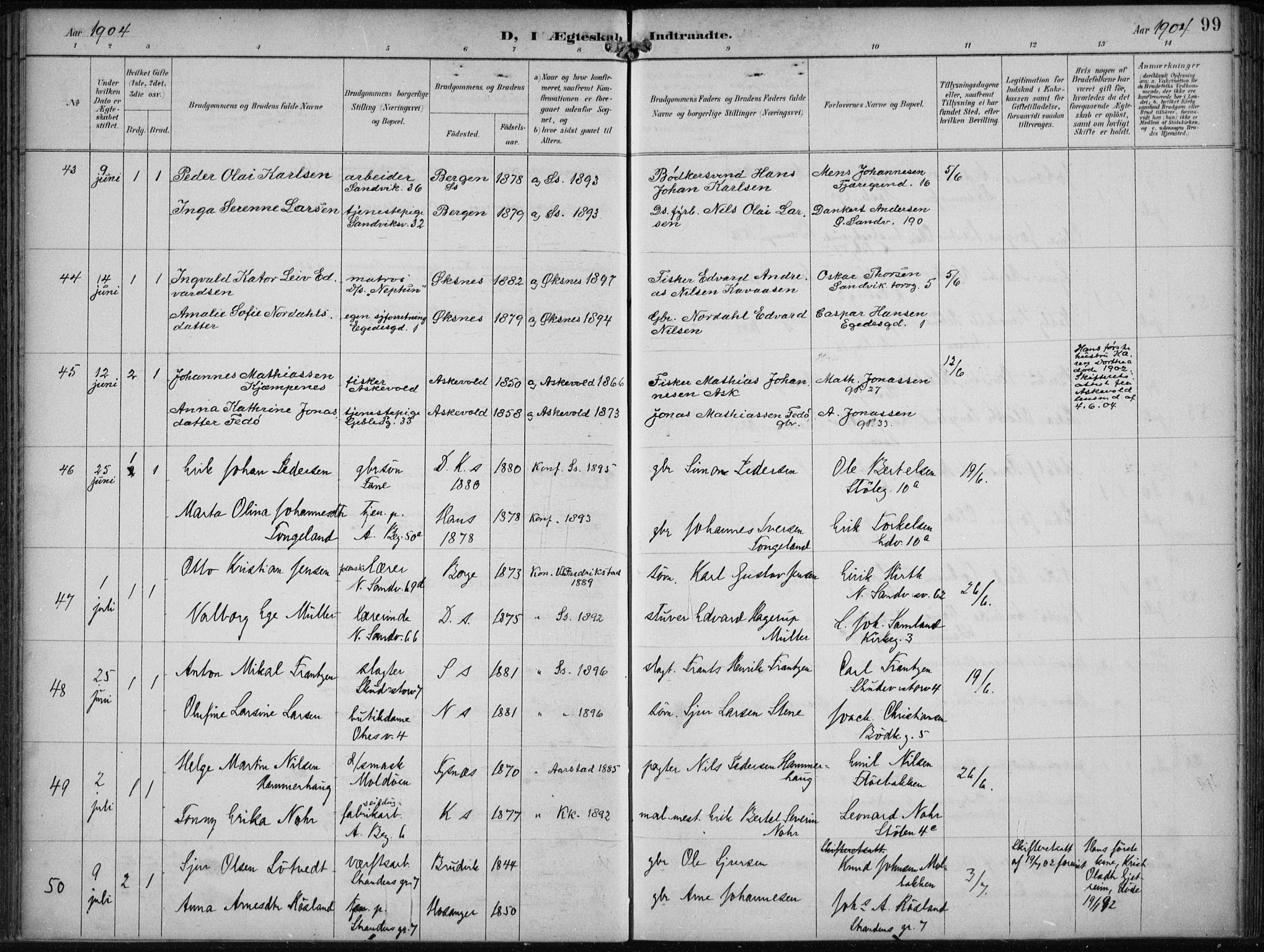 Sandviken Sokneprestembete, SAB/A-77601/H/Ha/L0014: Parish register (official) no. D 1, 1896-1911, p. 99