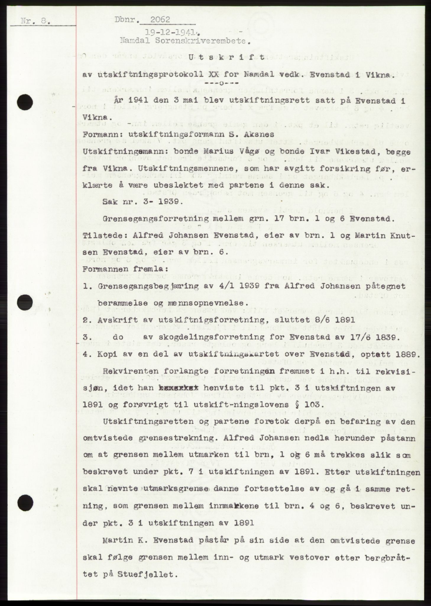 Namdal sorenskriveri, SAT/A-4133/1/2/2C: Mortgage book no. -, 1941-1942, Diary no: : 2062/1941