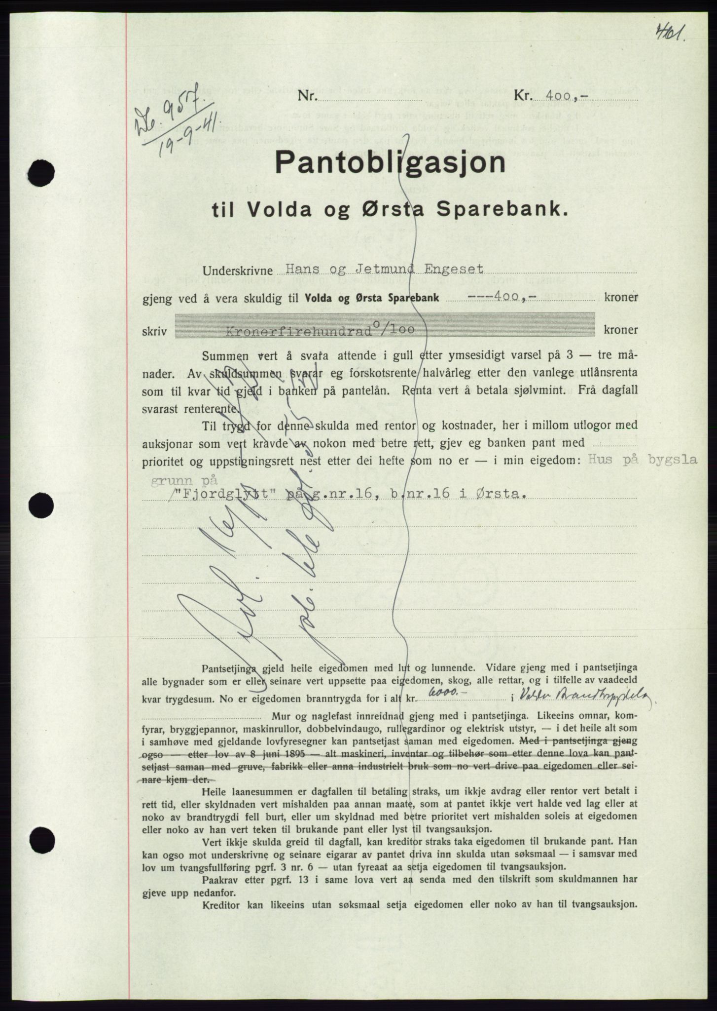 Søre Sunnmøre sorenskriveri, AV/SAT-A-4122/1/2/2C/L0071: Mortgage book no. 65, 1941-1941, Diary no: : 957/1941