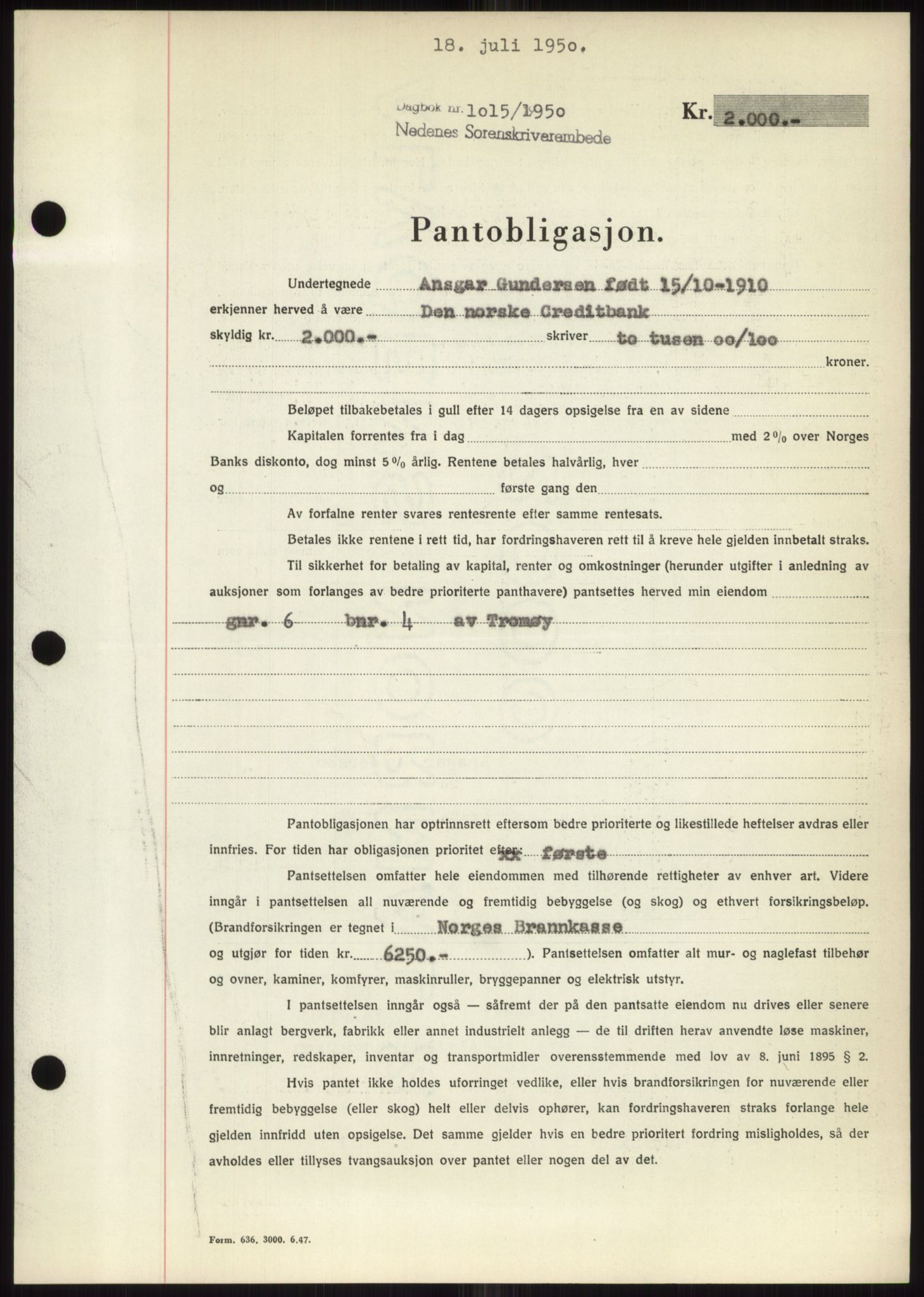 Nedenes sorenskriveri, AV/SAK-1221-0006/G/Gb/Gbb/L0007: Mortgage book no. B7, 1949-1950, Diary no: : 1015/1950