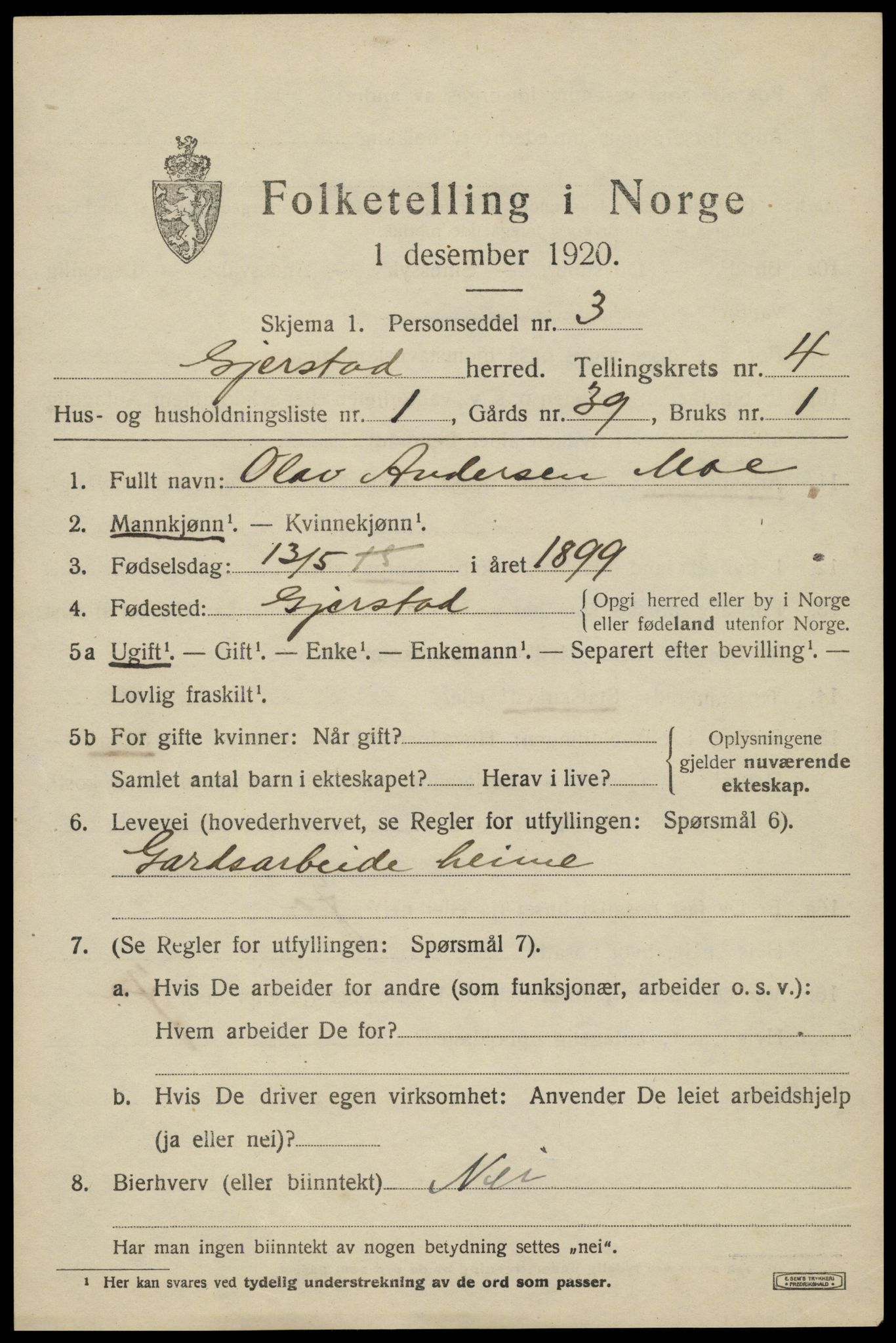 SAK, 1920 census for Gjerstad, 1920, p. 2709