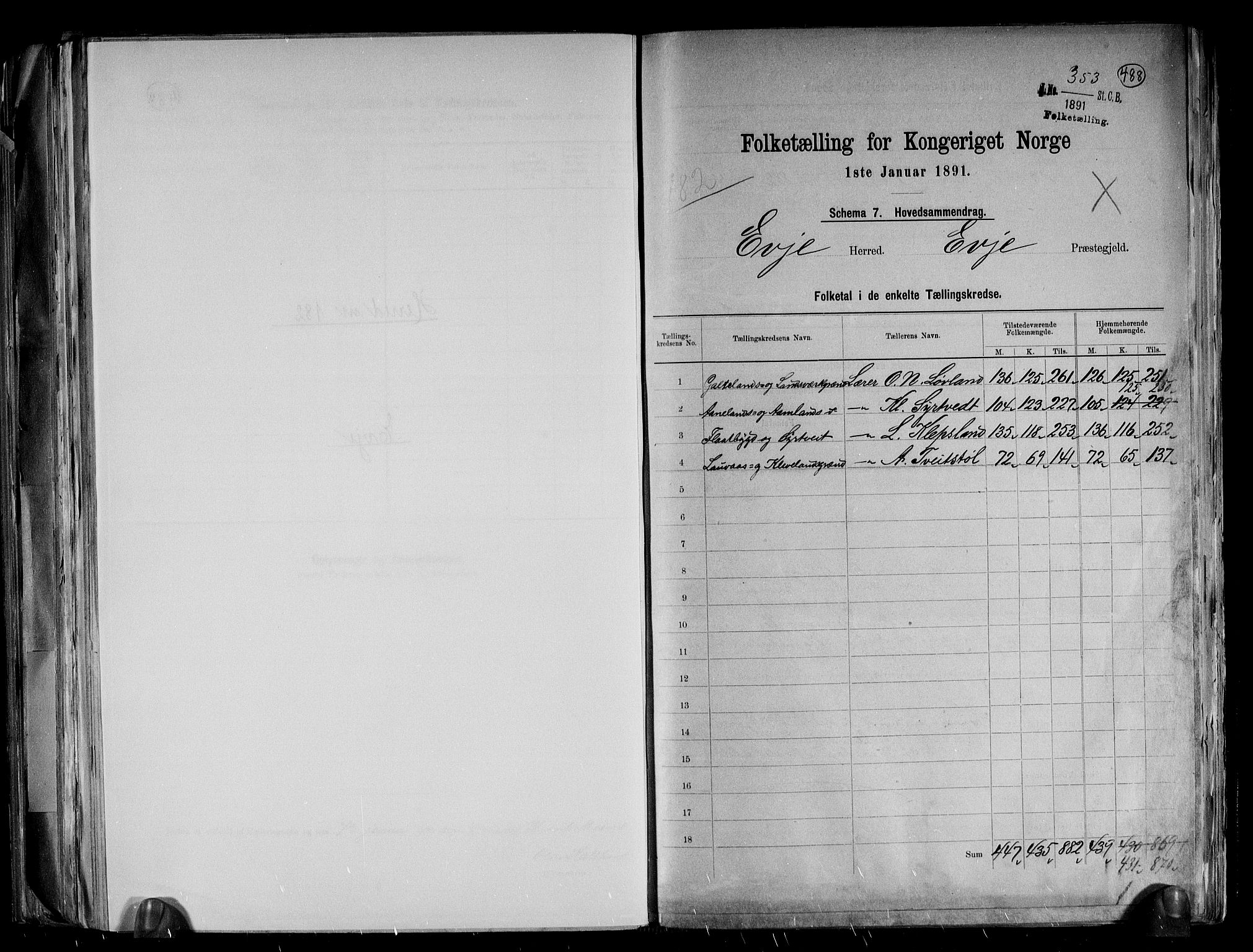 RA, 1891 census for 0937 Evje, 1891, p. 2