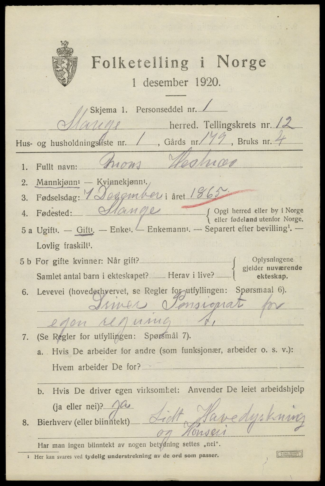 SAH, 1920 census for Stange, 1920, p. 18269