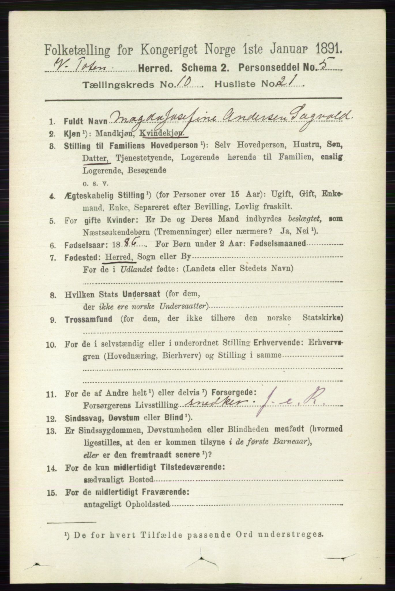 RA, 1891 census for 0529 Vestre Toten, 1891, p. 6331