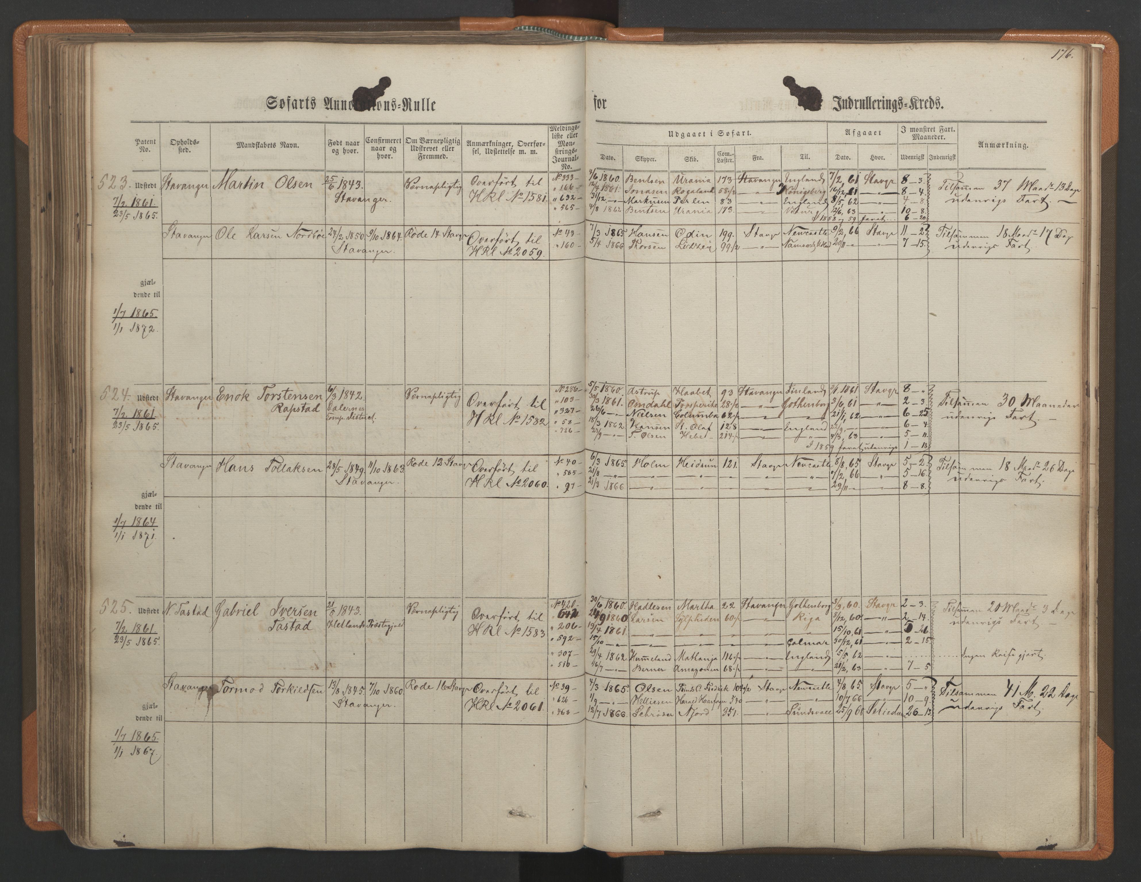 Stavanger sjømannskontor, AV/SAST-A-102006/F/Ff/L0001: Annotasjonsrulle, patentnr. 1-597 (del 1), 1860-1864, p. 186