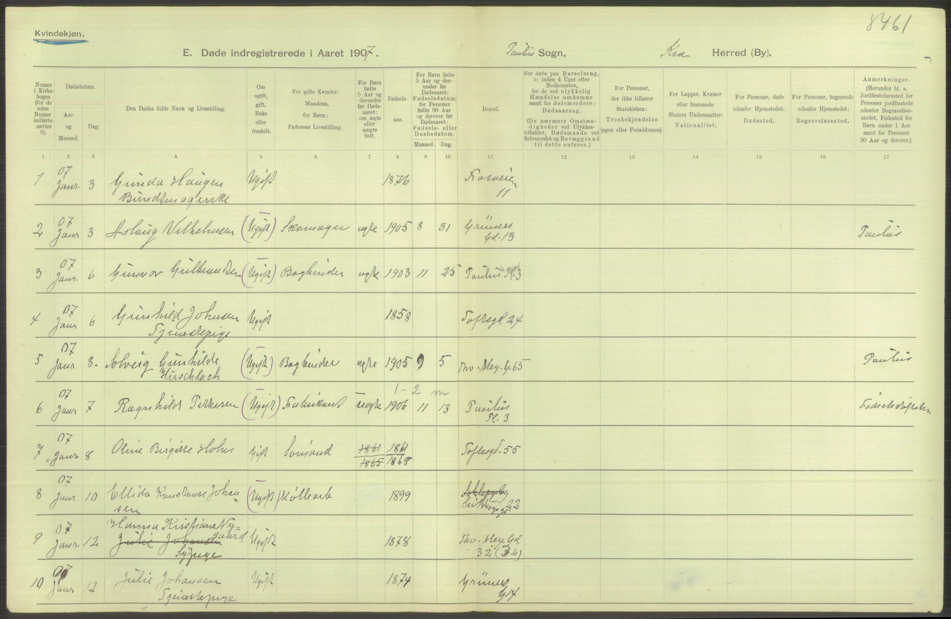 Statistisk sentralbyrå, Sosiodemografiske emner, Befolkning, AV/RA-S-2228/D/Df/Dfa/Dfae/L0009: Kristiania: Døde, 1907, p. 408
