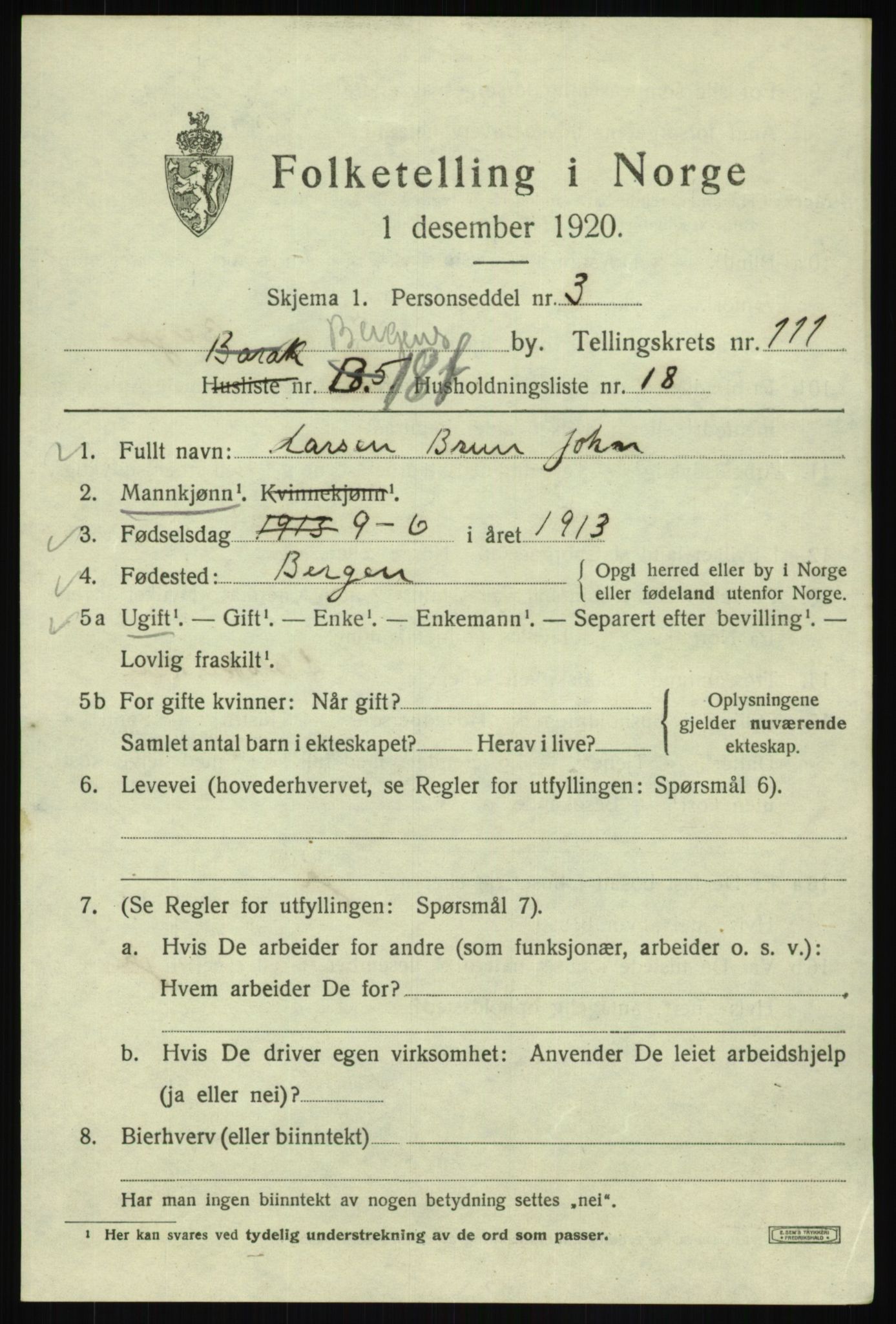 SAB, 1920 census for Bergen, 1920, p. 191757