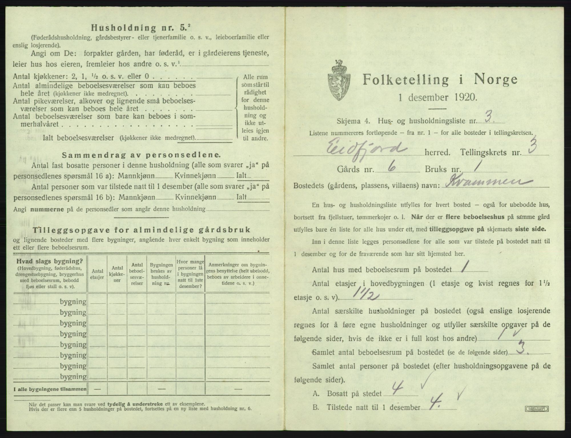 SAB, 1920 census for Eidfjord, 1920, p. 140