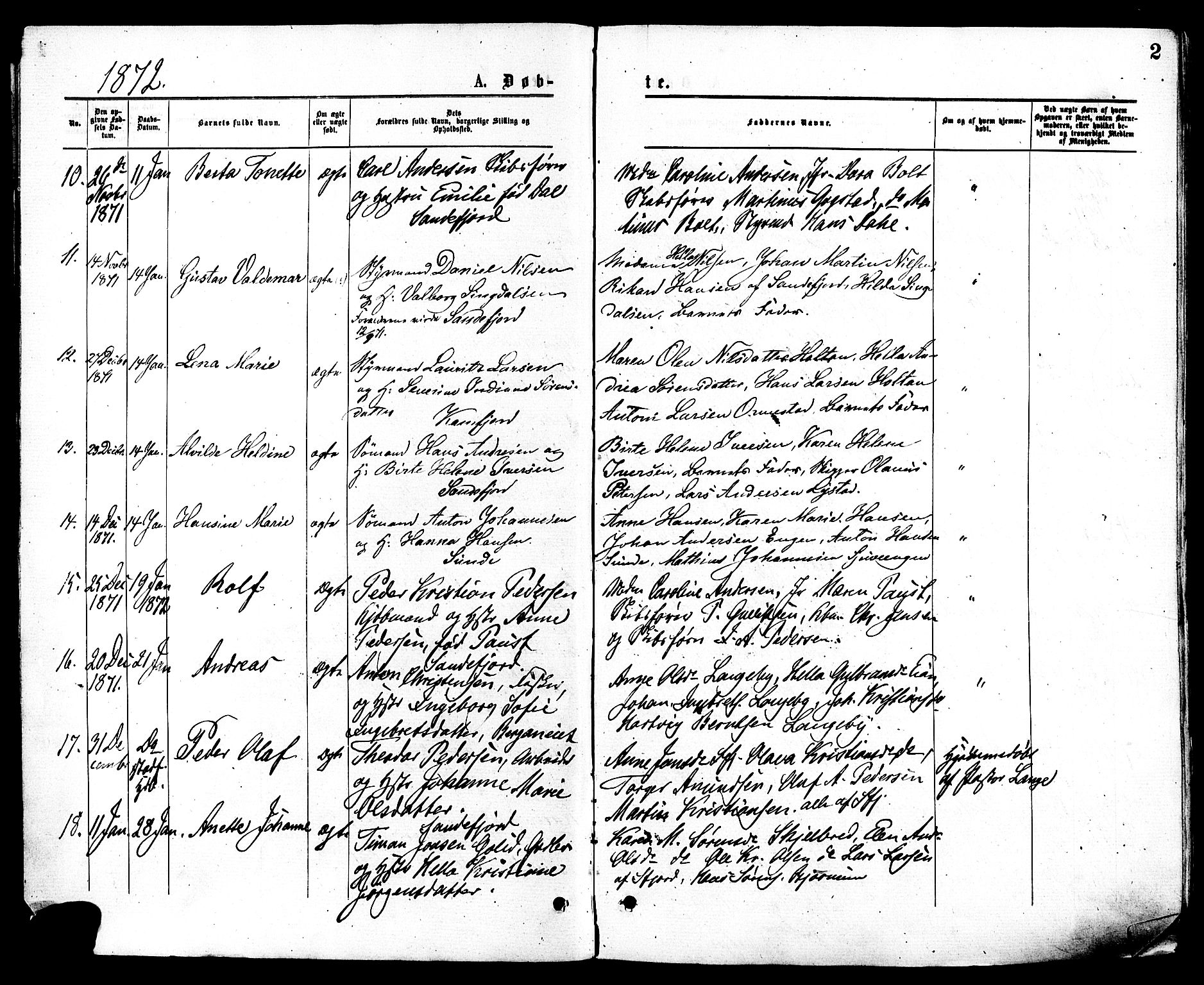Sandar kirkebøker, SAKO/A-243/F/Fa/L0010: Parish register (official) no. 10, 1872-1882, p. 2