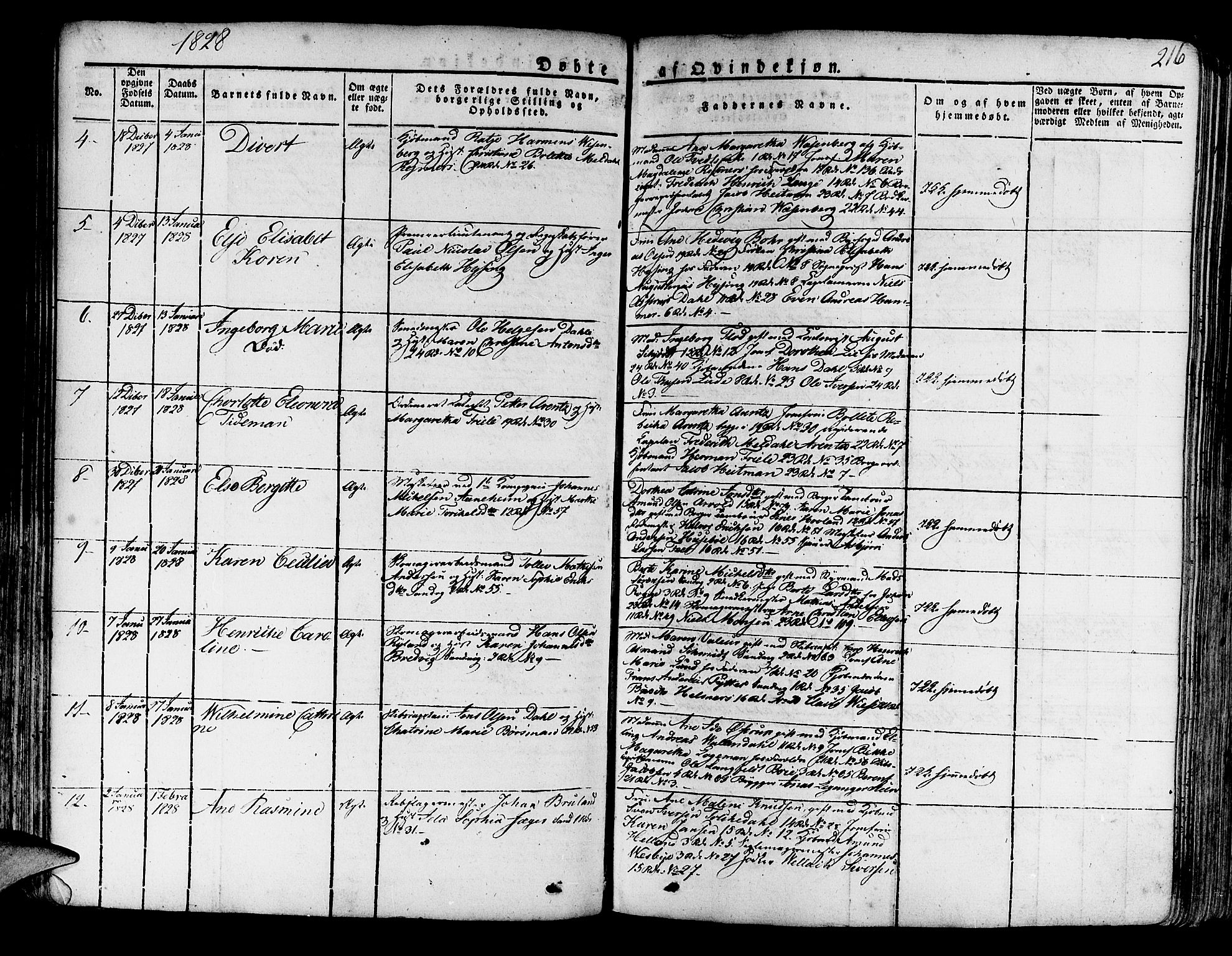 Korskirken sokneprestembete, SAB/A-76101/H/Haa/L0014: Parish register (official) no. A 14, 1823-1835, p. 216