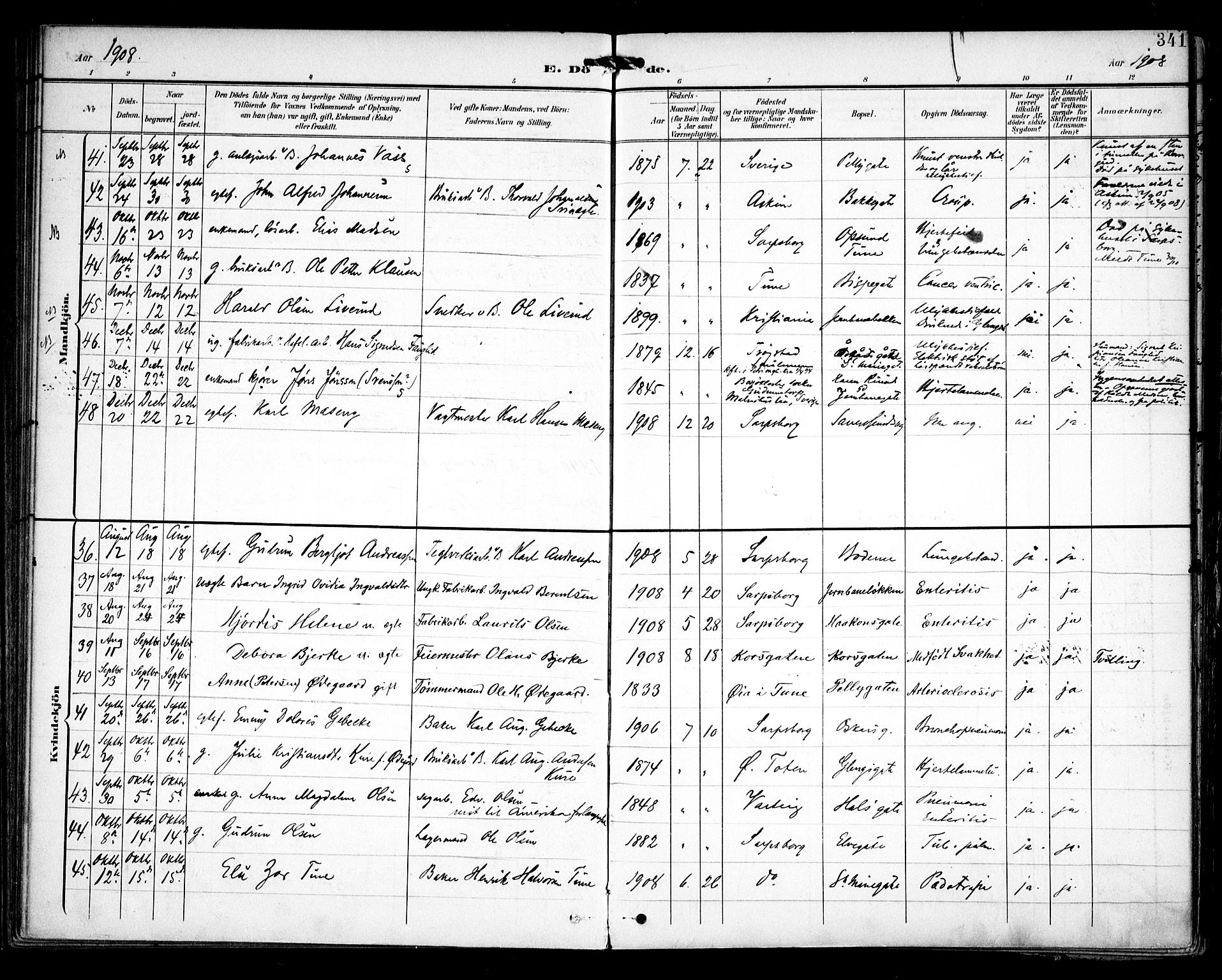 Sarpsborg prestekontor Kirkebøker, AV/SAO-A-2006/F/Fa/L0006: Parish register (official) no. 6, 1900-1909, p. 341