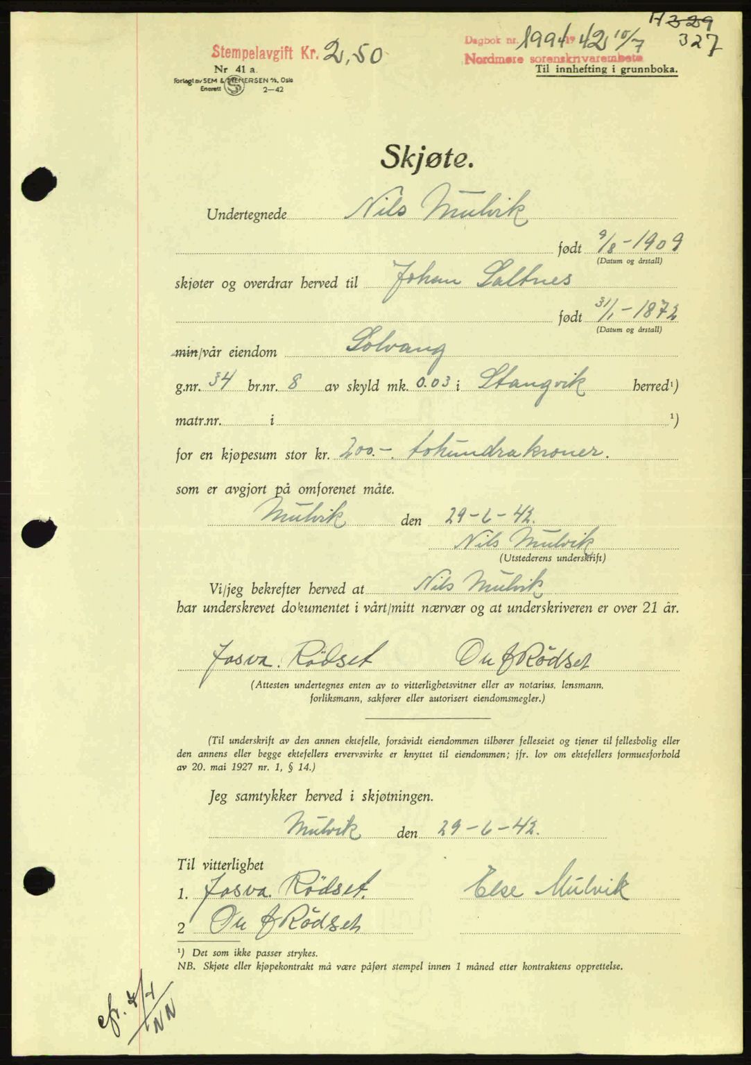 Nordmøre sorenskriveri, AV/SAT-A-4132/1/2/2Ca: Mortgage book no. A93, 1942-1942, Diary no: : 1894/1942