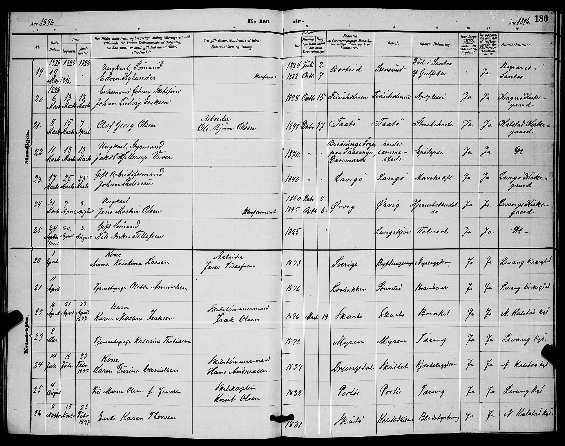 Skåtøy kirkebøker, AV/SAKO-A-304/G/Ga/L0003: Parish register (copy) no. I 3, 1884-1898, p. 186