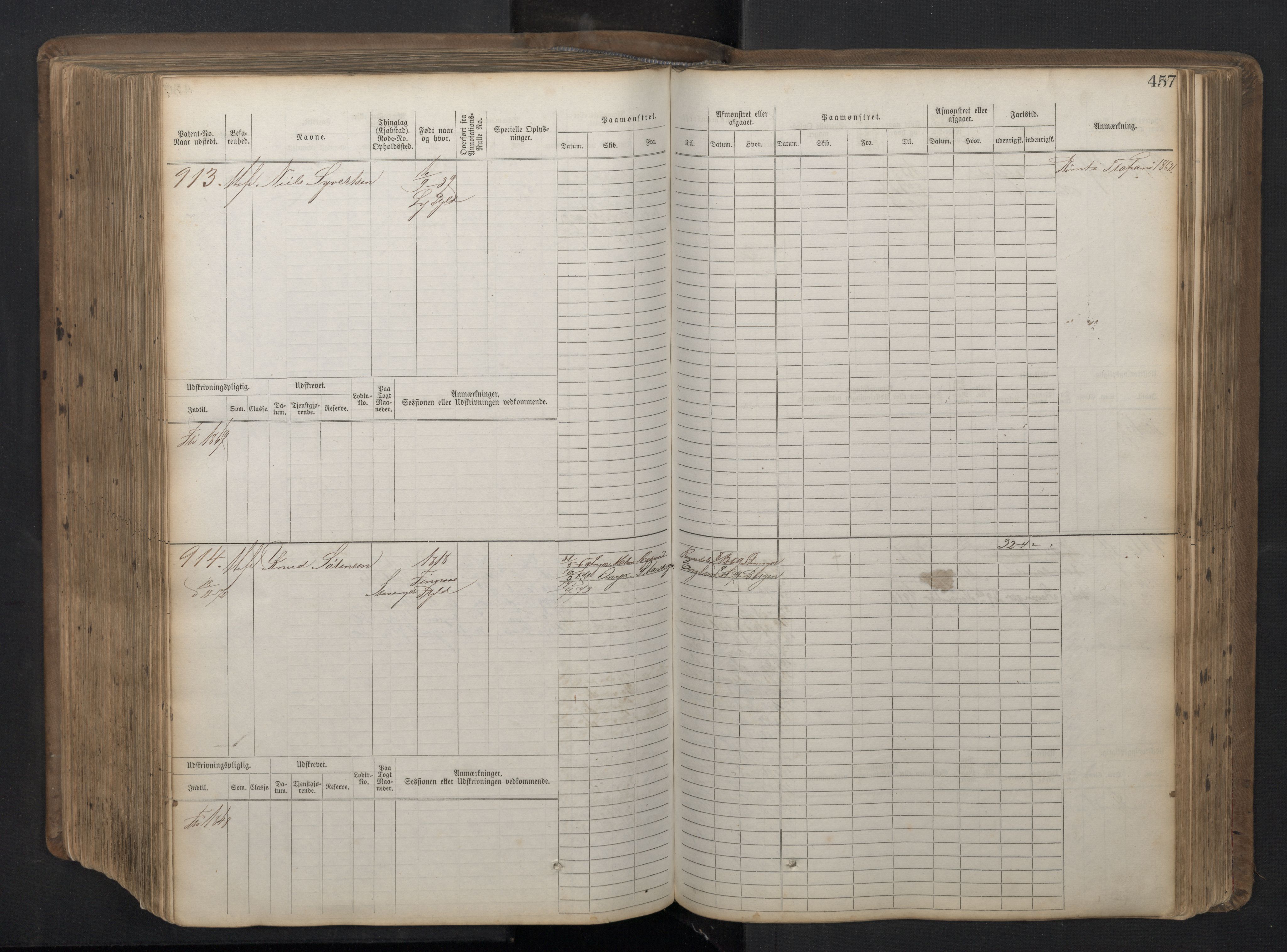 Stavanger sjømannskontor, AV/SAST-A-102006/F/Fb/Fbb/L0016: Sjøfartshovedrulle patnentnr. 1-1202 (dublett), 1869, p. 457