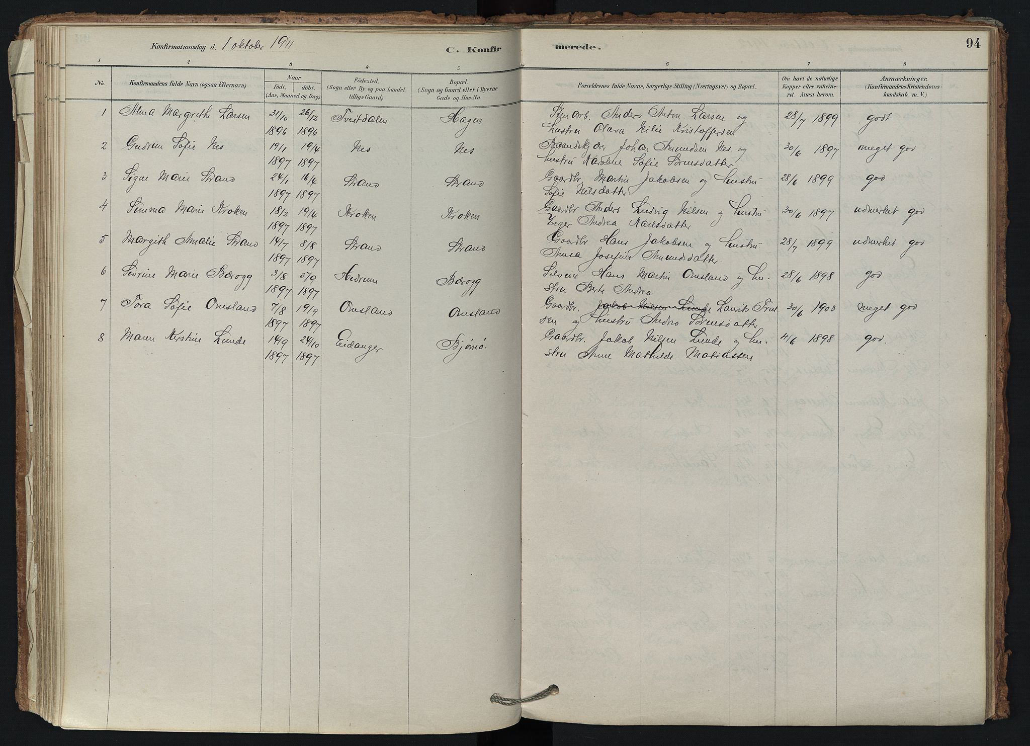 Brunlanes kirkebøker, AV/SAKO-A-342/F/Fd/L0001: Parish register (official) no. IV 1, 1878-1917, p. 94