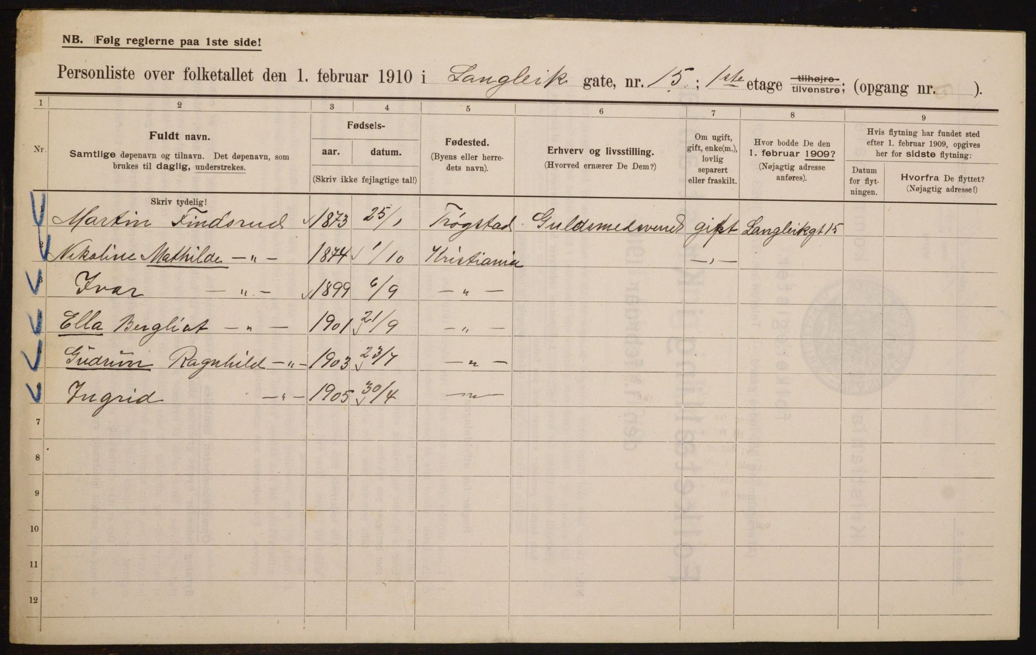 OBA, Municipal Census 1910 for Kristiania, 1910, p. 55001