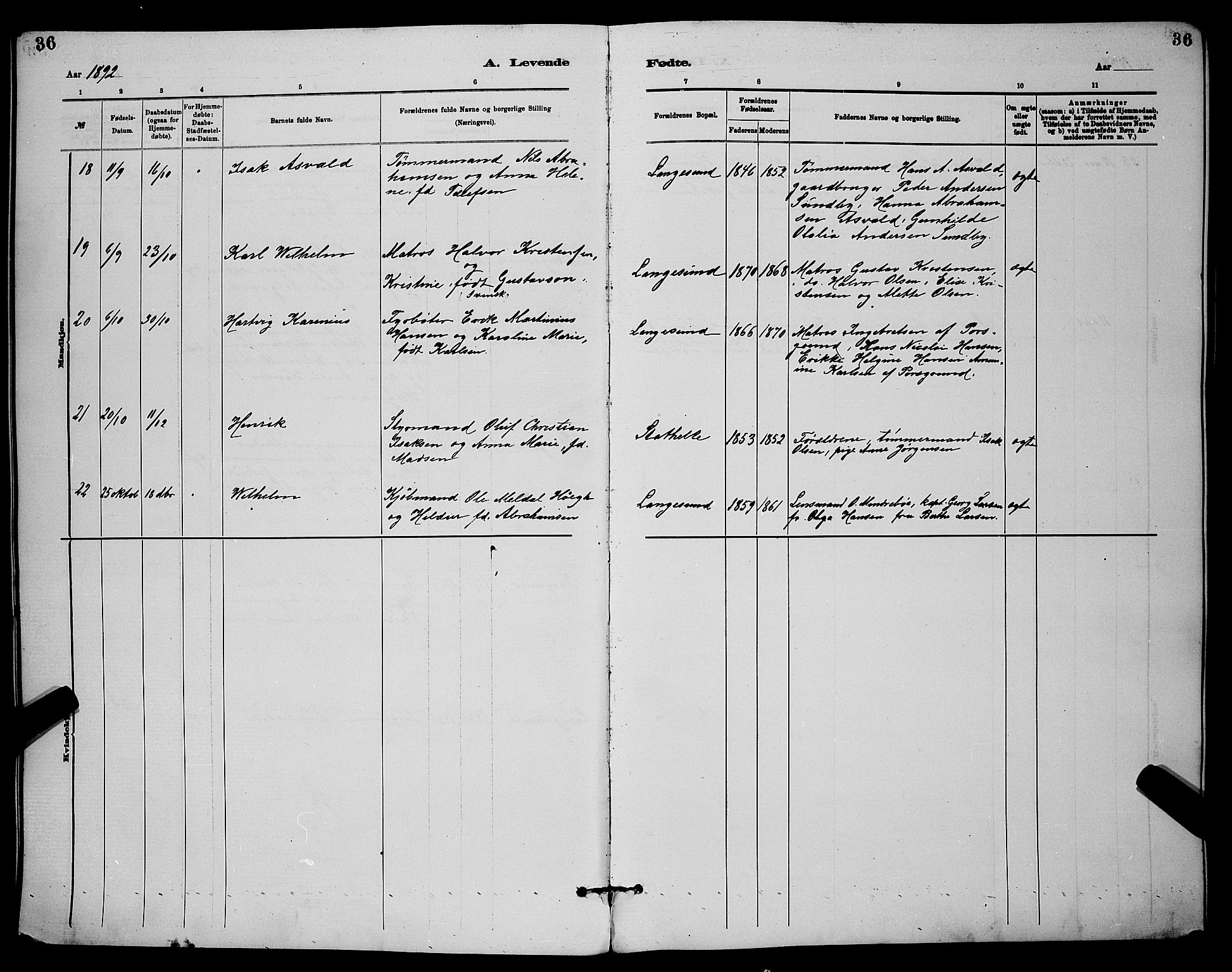 Langesund kirkebøker, AV/SAKO-A-280/G/Ga/L0005: Parish register (copy) no. 5, 1884-1898, p. 36