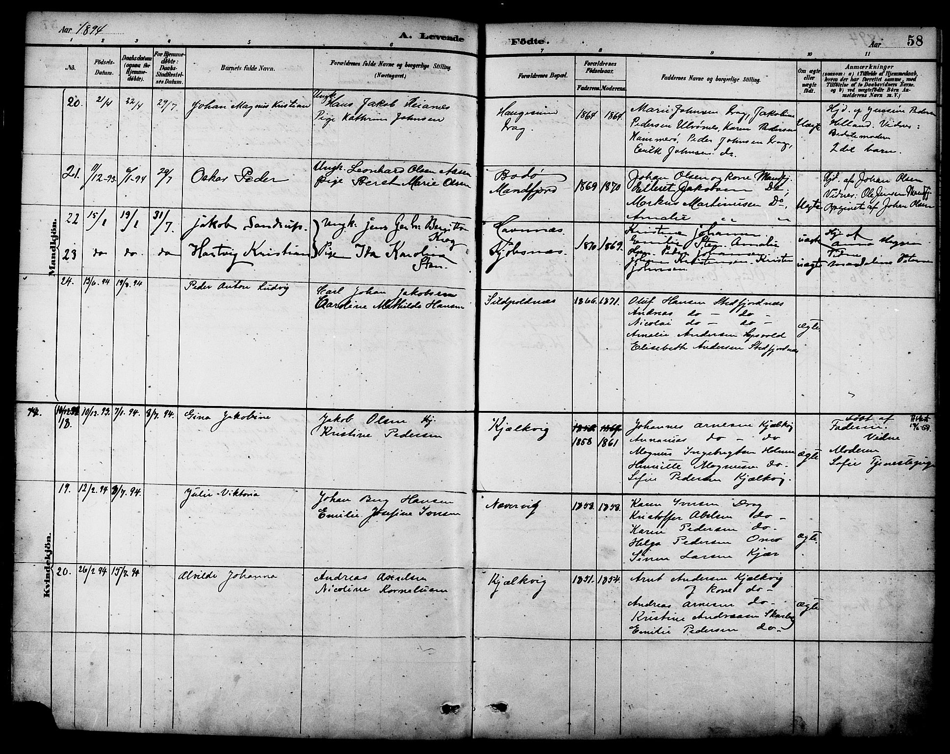 Ministerialprotokoller, klokkerbøker og fødselsregistre - Nordland, AV/SAT-A-1459/861/L0869: Parish register (official) no. 861A04, 1889-1903, p. 58