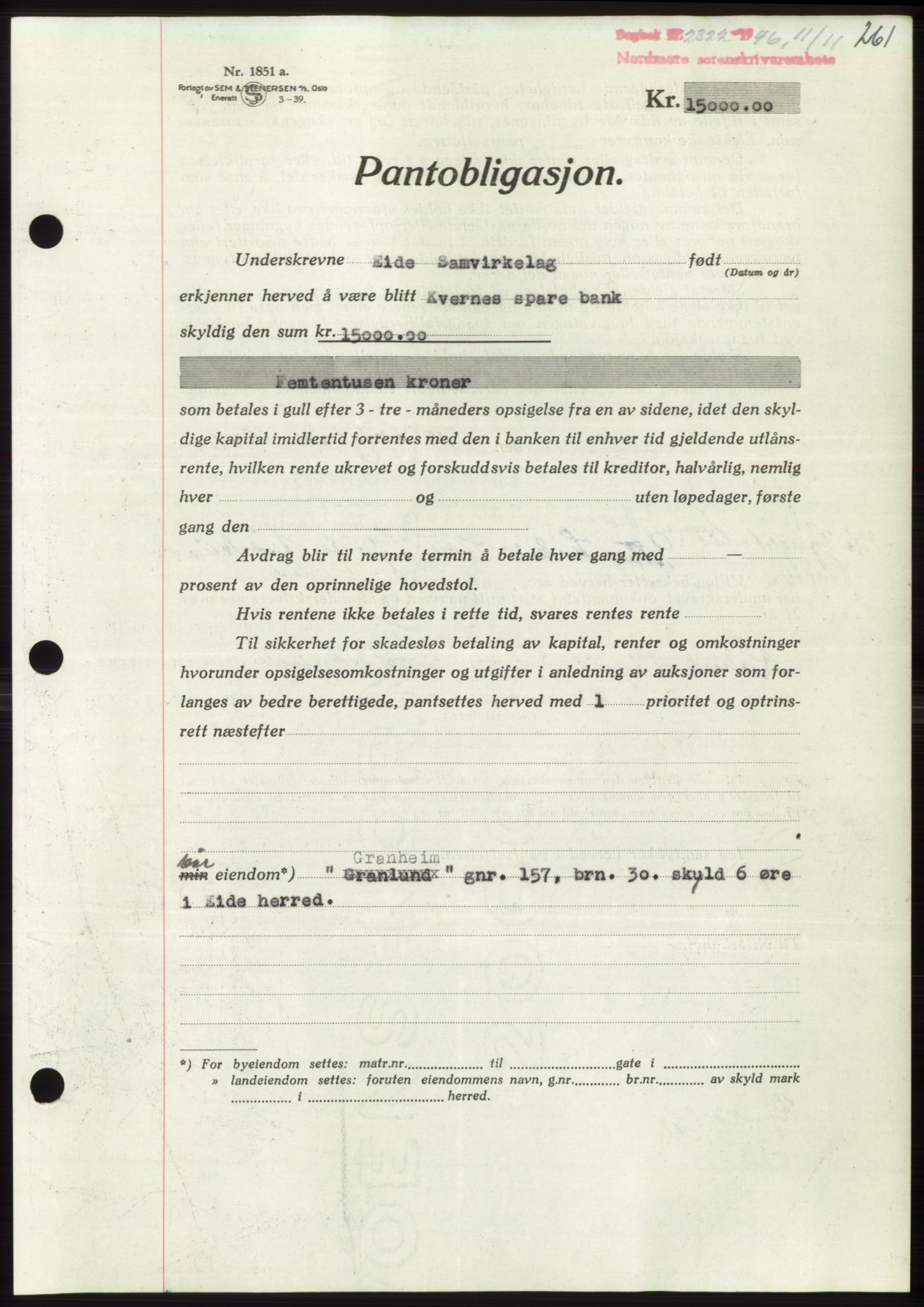 Nordmøre sorenskriveri, AV/SAT-A-4132/1/2/2Ca: Mortgage book no. B95, 1946-1947, Diary no: : 2322/1946