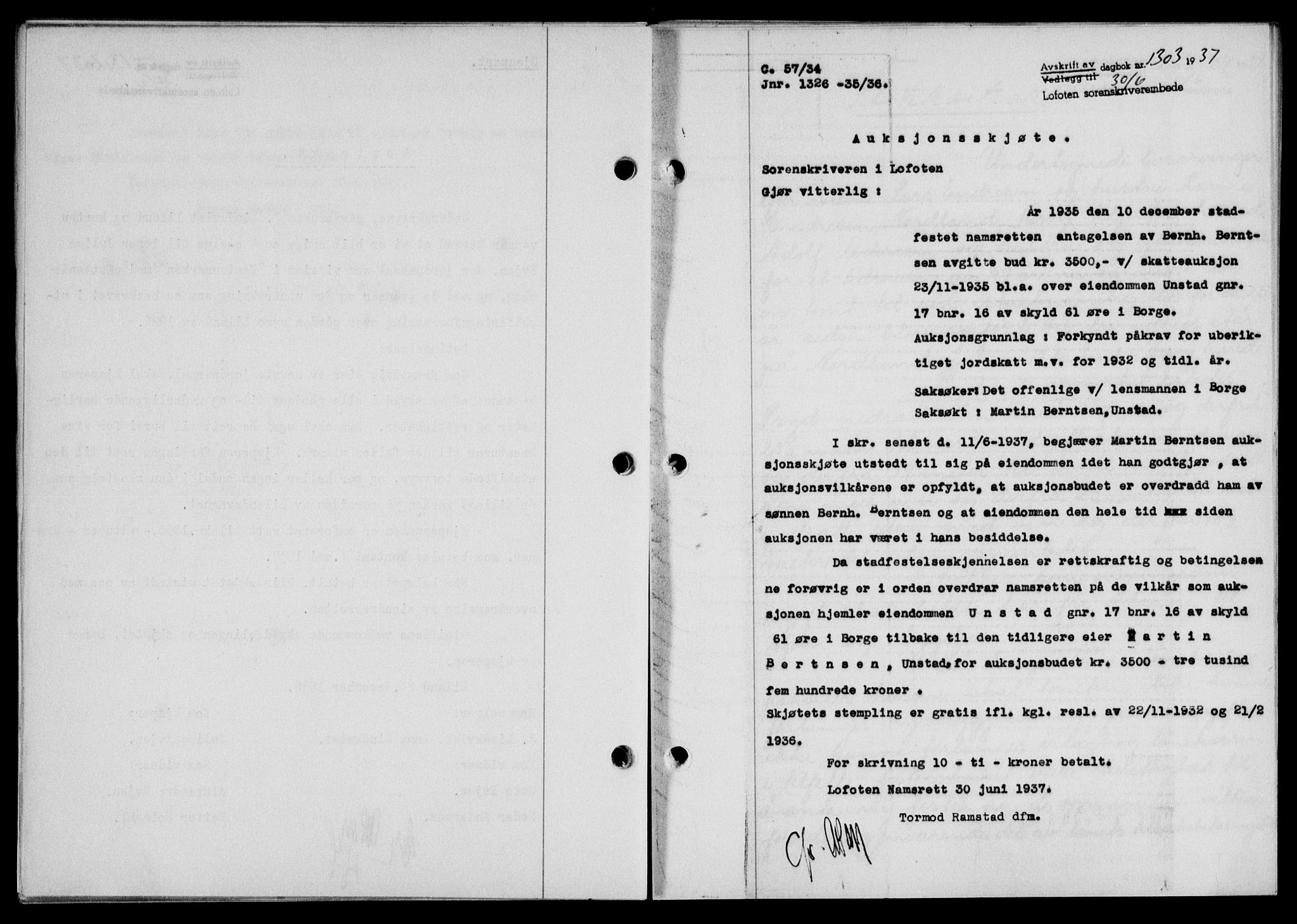 Lofoten sorenskriveri, SAT/A-0017/1/2/2C/L0002a: Mortgage book no. 2a, 1937-1937, Diary no: : 1303/1937