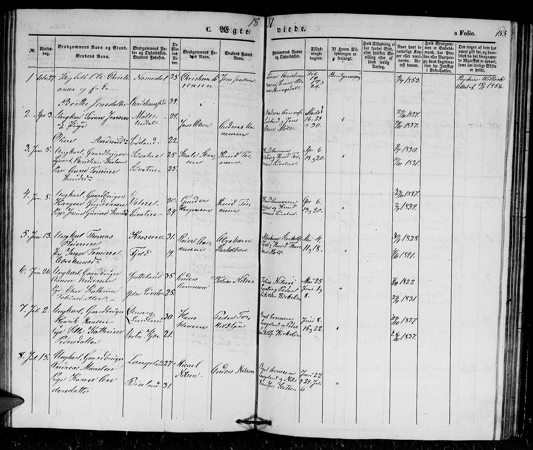 Holum sokneprestkontor, SAK/1111-0022/F/Fb/Fba/L0003: Parish register (copy) no. B 3, 1850-1866, p. 153
