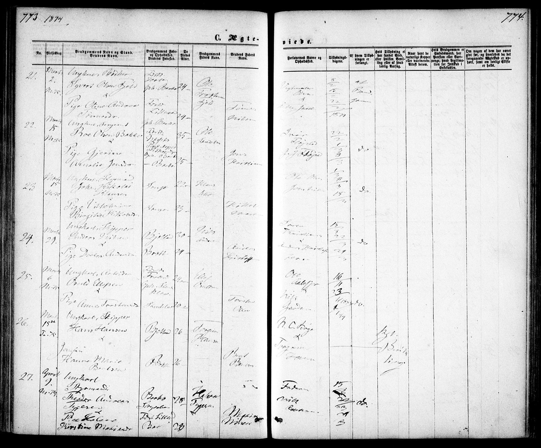 Tromøy sokneprestkontor, AV/SAK-1111-0041/F/Fa/L0008: Parish register (official) no. A 8, 1870-1877, p. 773-774