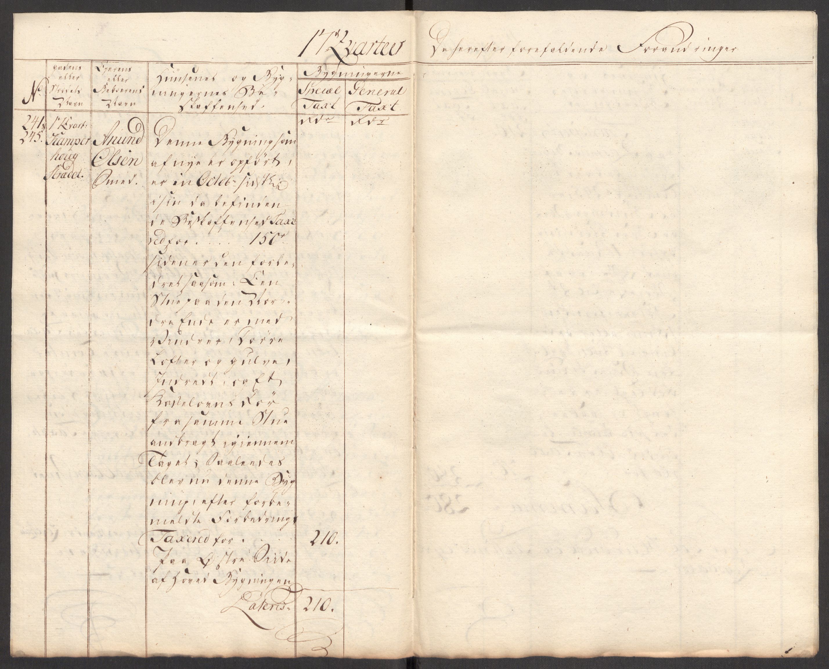 Kommersekollegiet, Brannforsikringskontoret 1767-1814, AV/RA-EA-5458/F/Fa/L0044b/0004: Skien / Branntakstprotokoll over "De paa Tomterne No 241 & 245 i Kampenhoug Strædet af Smed Anund Olsen i Scheen opførte Bygninger", 1780