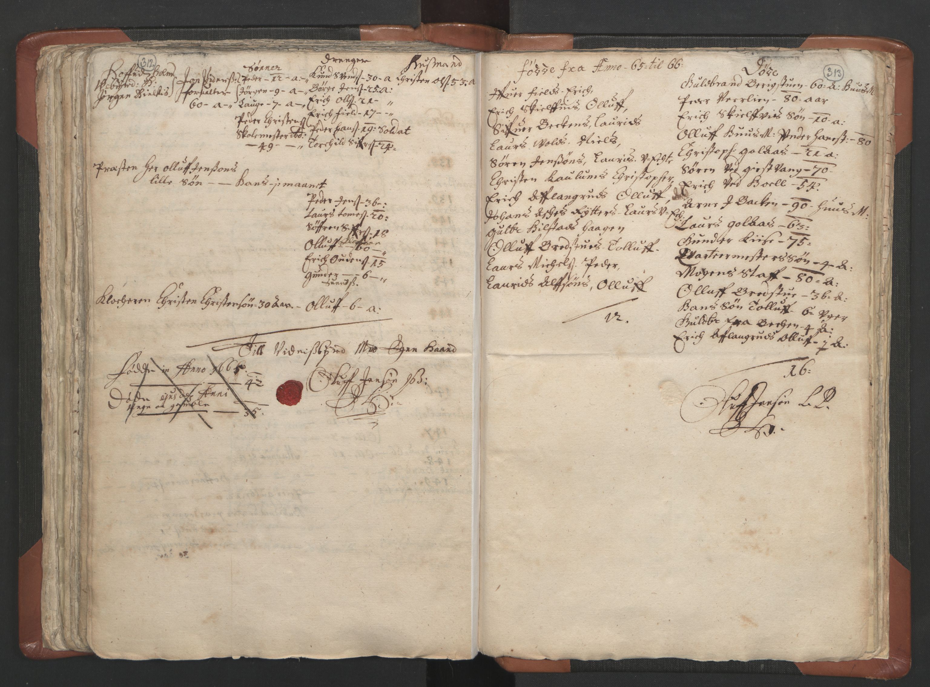 RA, Vicar's Census 1664-1666, no. 5: Hedmark deanery, 1664-1666, p. 312-313