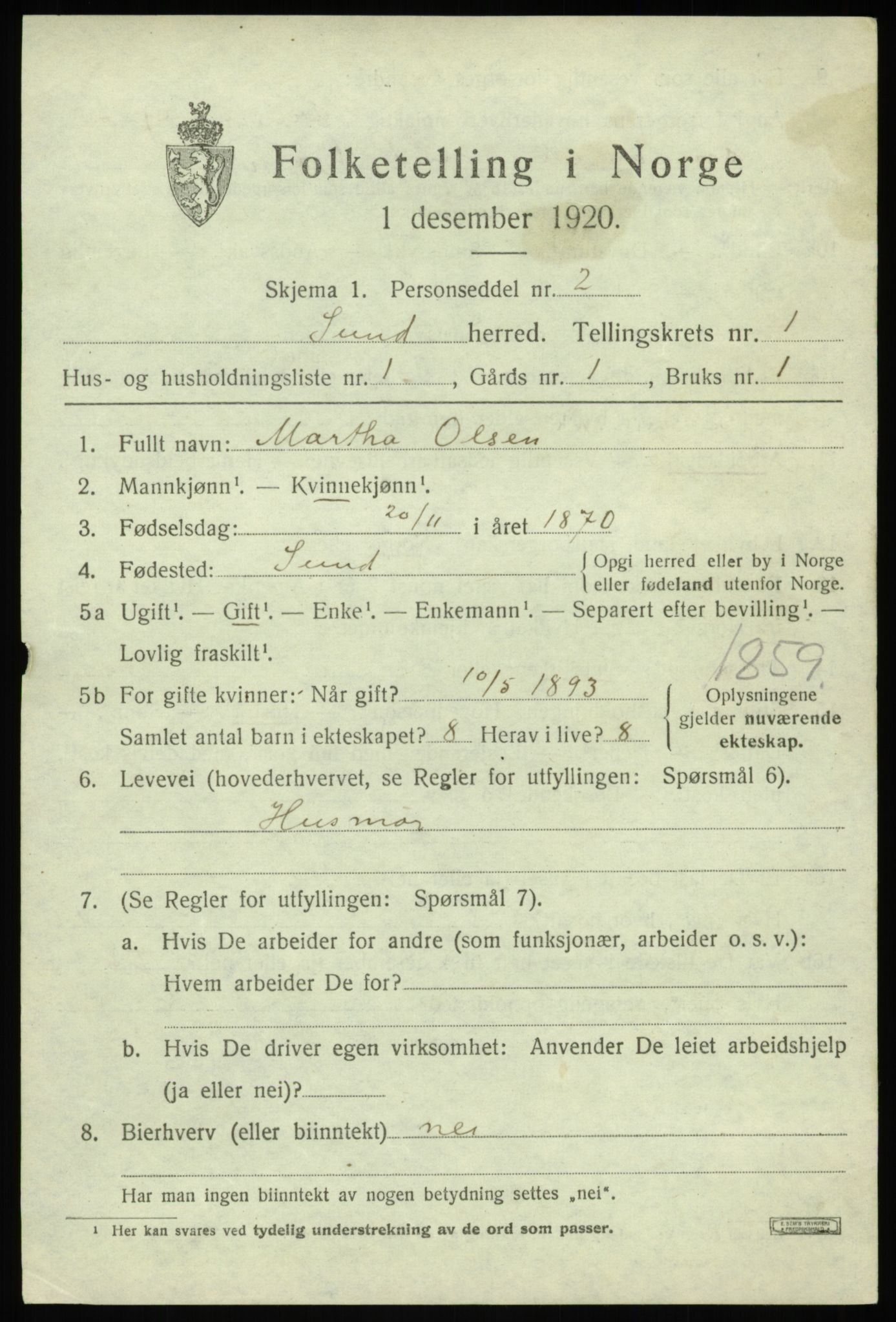 SAB, 1920 census for Sund, 1920, p. 921