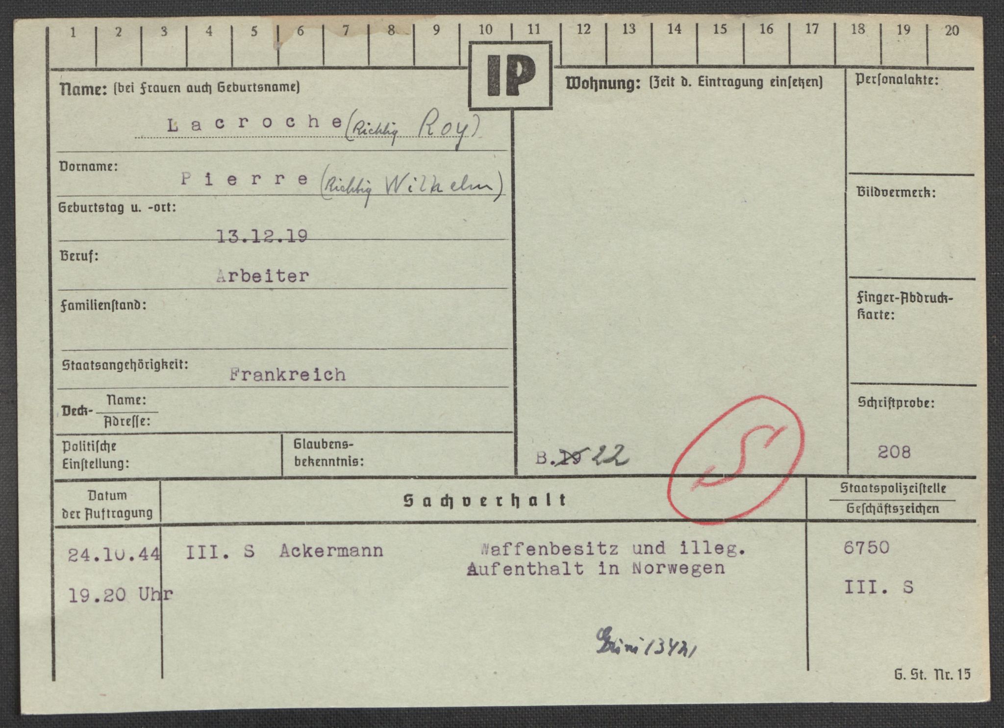 Befehlshaber der Sicherheitspolizei und des SD, AV/RA-RAFA-5969/E/Ea/Eaa/L0006: Register over norske fanger i Møllergata 19: Kj-Lund, 1940-1945, p. 614