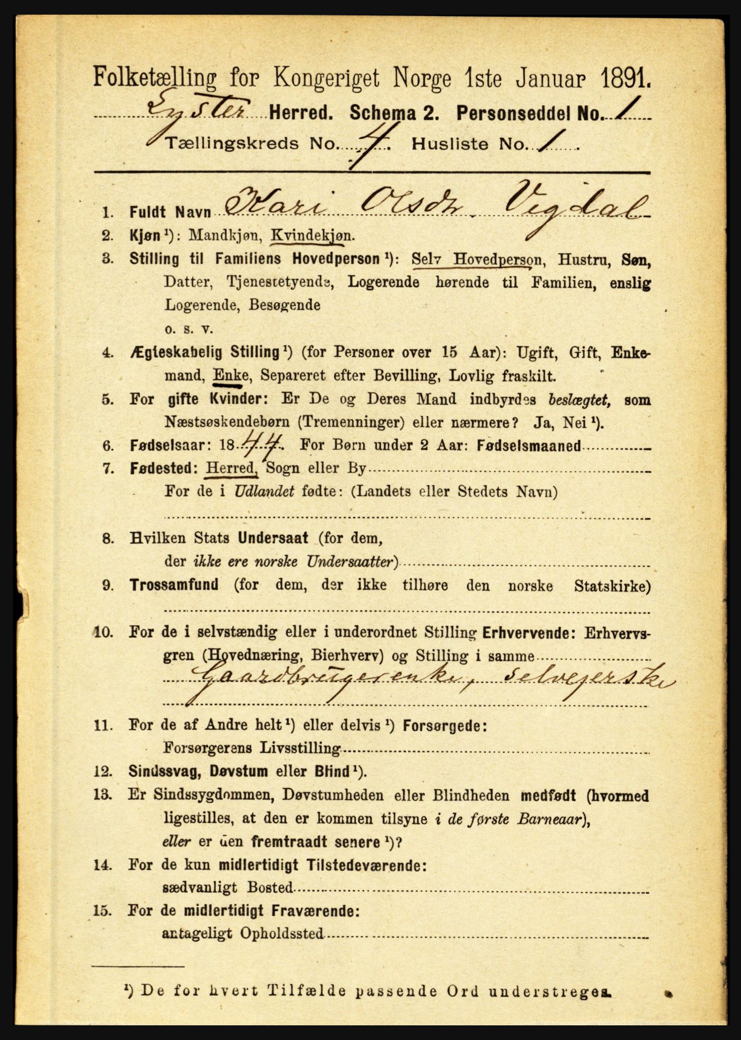 RA, 1891 census for 1426 Luster, 1891, p. 1419