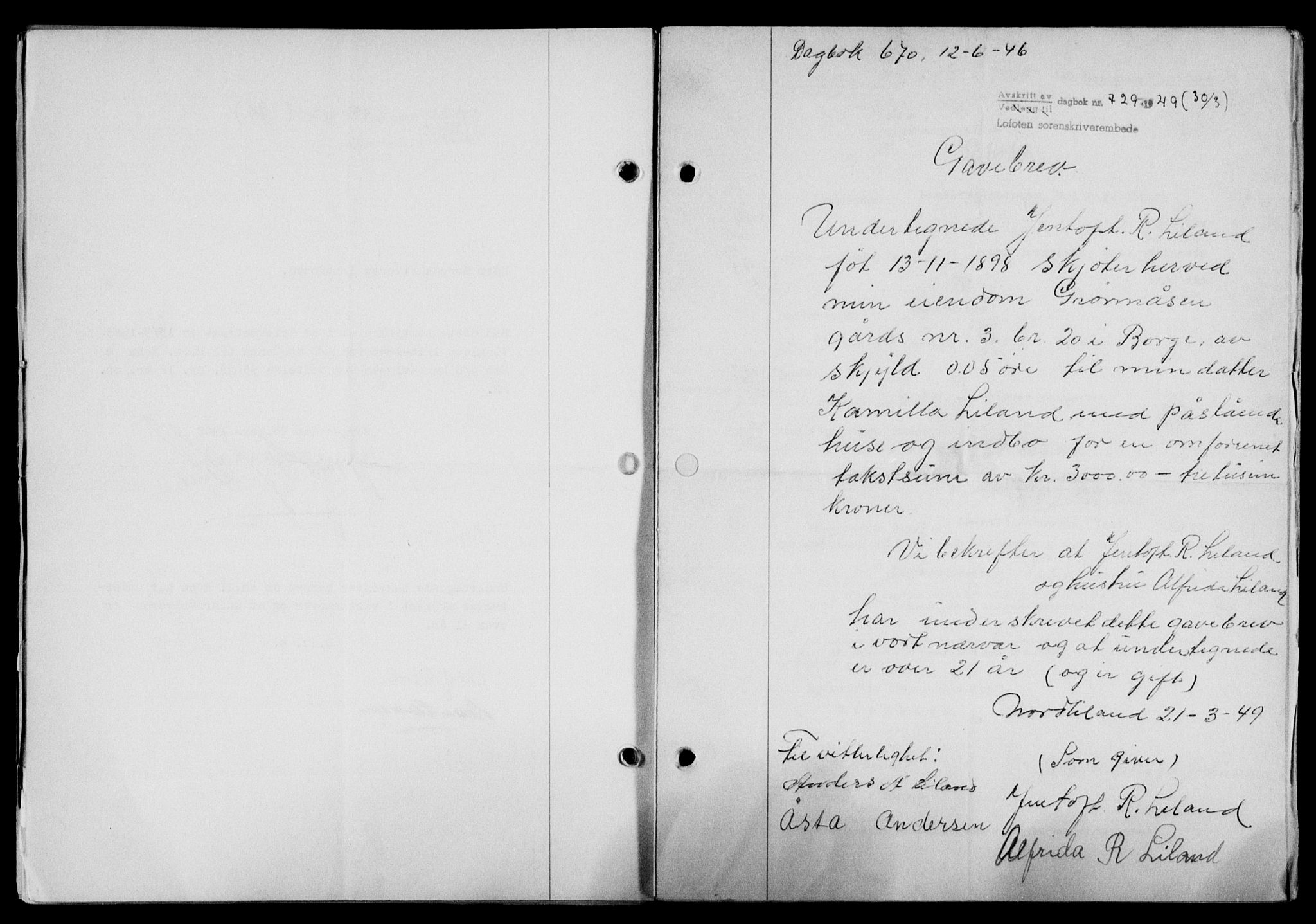Lofoten sorenskriveri, SAT/A-0017/1/2/2C/L0020a: Mortgage book no. 20a, 1948-1949, Diary no: : 729/1949
