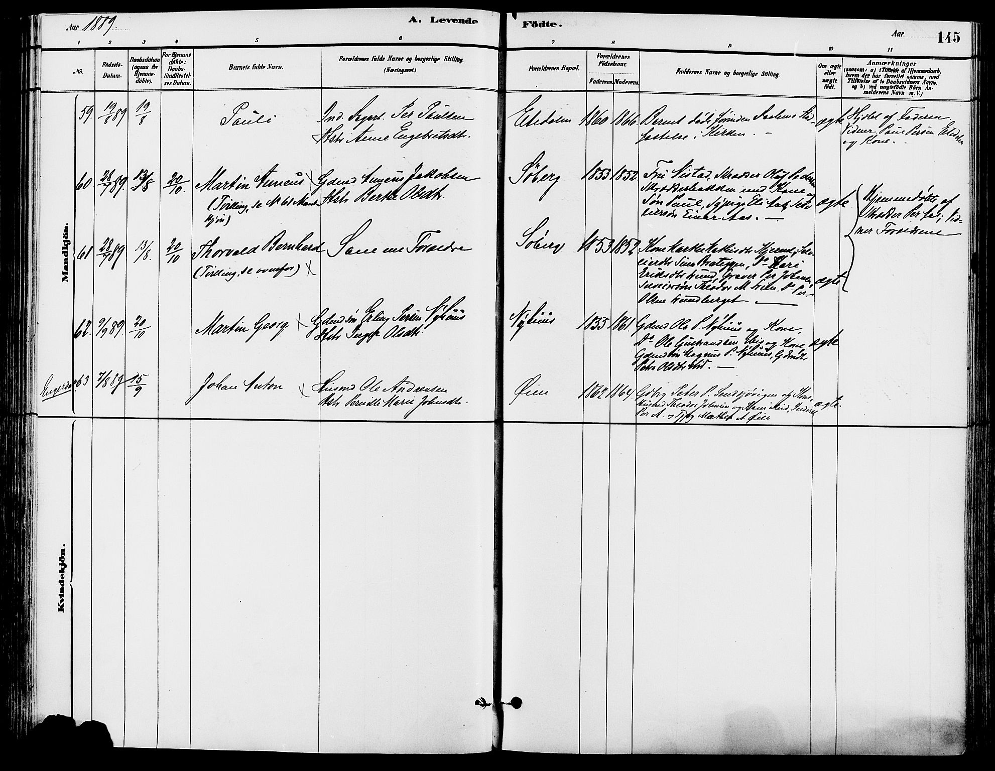 Trysil prestekontor, AV/SAH-PREST-046/H/Ha/Haa/L0008: Parish register (official) no. 8, 1881-1897, p. 145