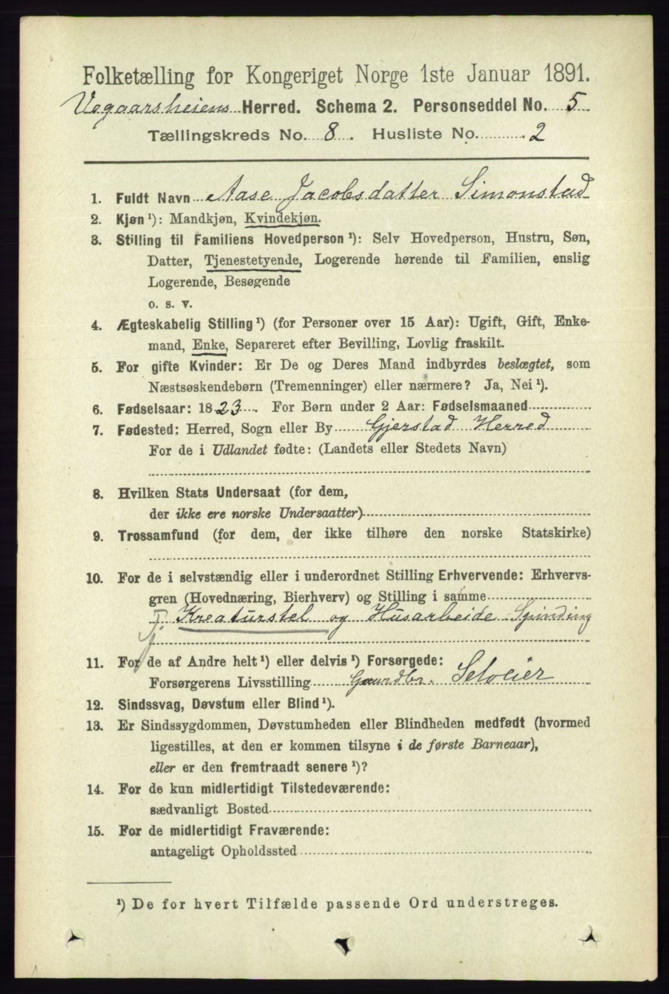 RA, 1891 census for 0912 Vegårshei, 1891, p. 1496