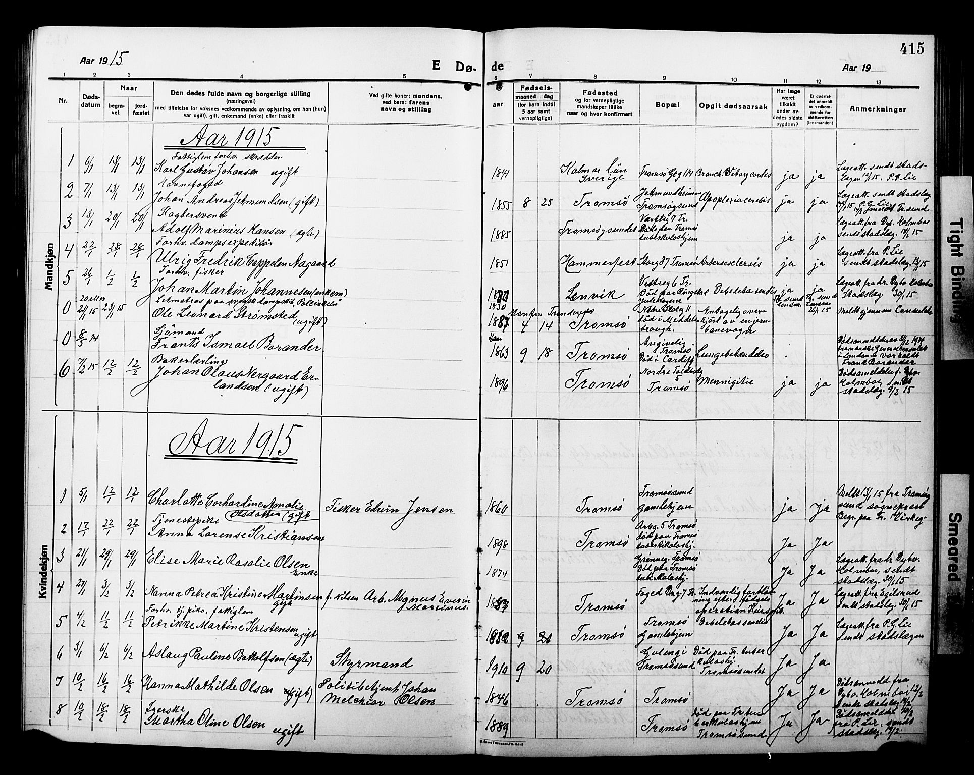 Tromsø sokneprestkontor/stiftsprosti/domprosti, SATØ/S-1343/G/Gb/L0009klokker: Parish register (copy) no. 9, 1915-1925, p. 415