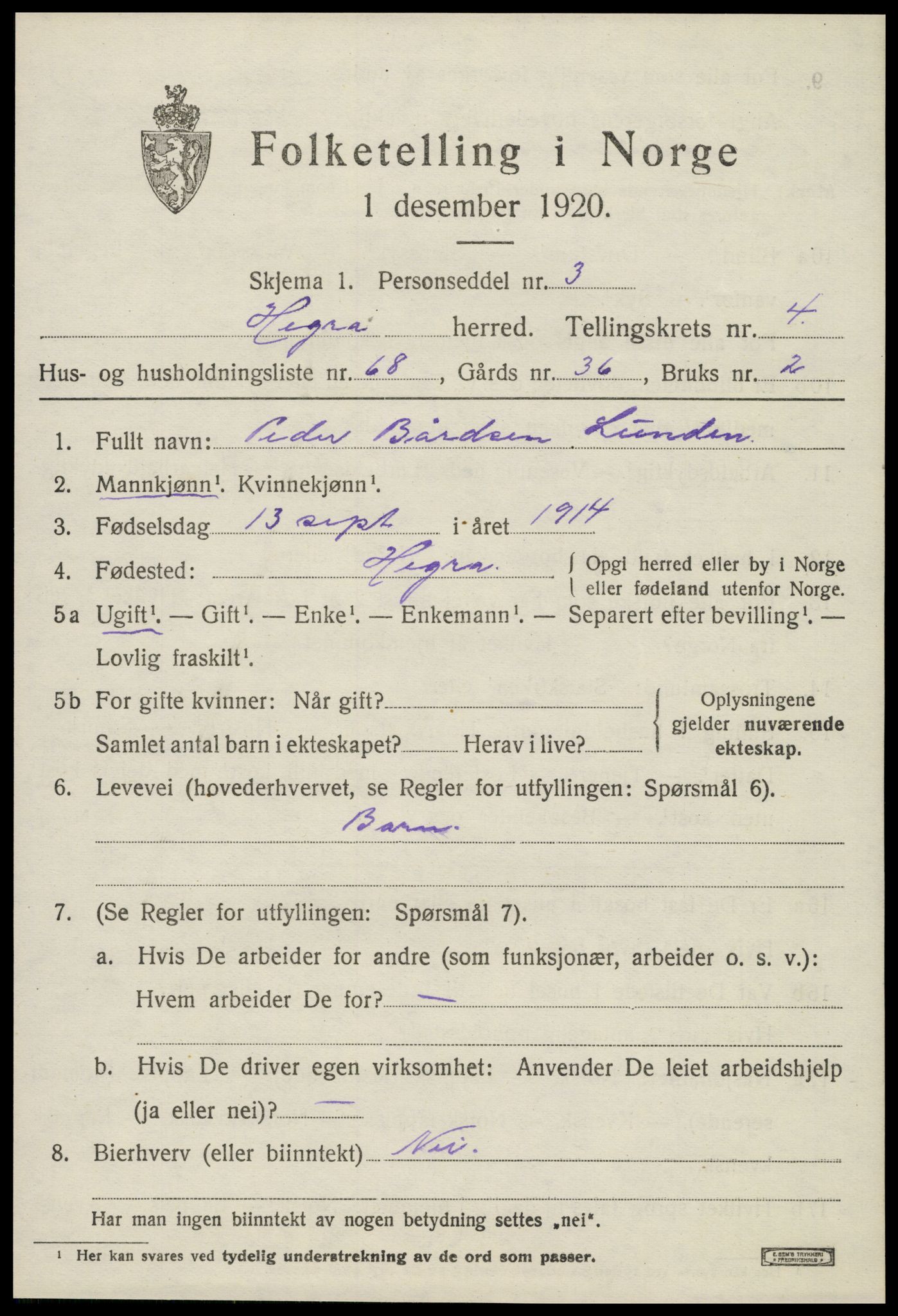 SAT, 1920 census for Hegra, 1920, p. 4024