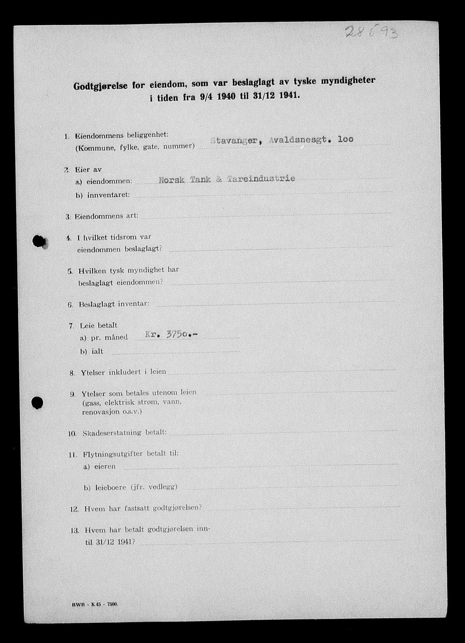 Justisdepartementet, Tilbakeføringskontoret for inndratte formuer, AV/RA-S-1564/I/L1014: Godtgjørelse for beslaglagt eiendom, 1940-1941, p. 101