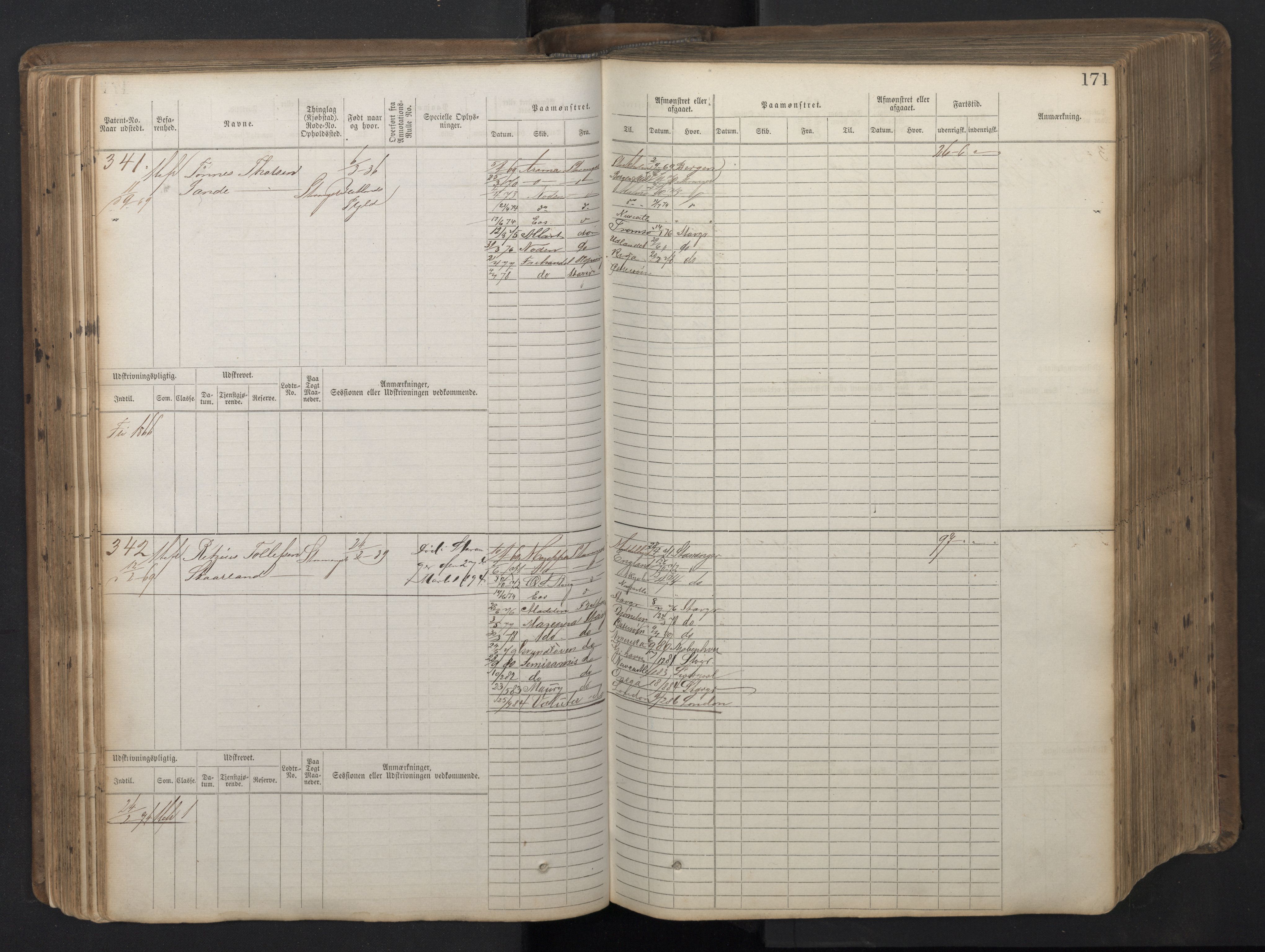 Stavanger sjømannskontor, AV/SAST-A-102006/F/Fb/Fbb/L0016: Sjøfartshovedrulle patnentnr. 1-1202 (dublett), 1869, p. 171