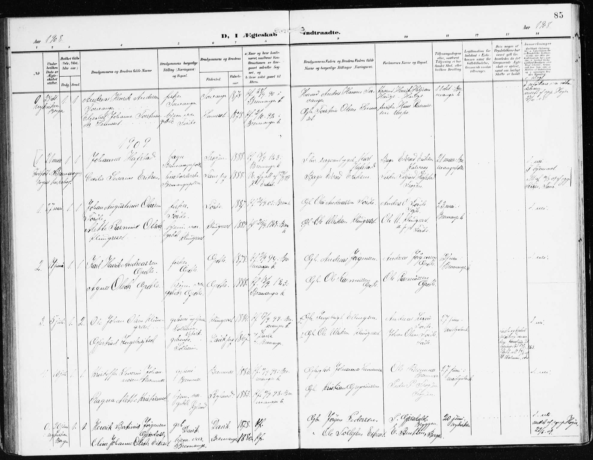 Bremanger sokneprestembete, AV/SAB-A-82201/H/Haa/Haac/L0001: Parish register (official) no. C 1, 1908-1921, p. 85